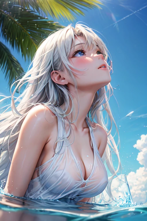 Beautiful Boy and Beautiful Girl　Shyness　Light clothing　See-through　Best Style　White liquid all over the body　Looking up