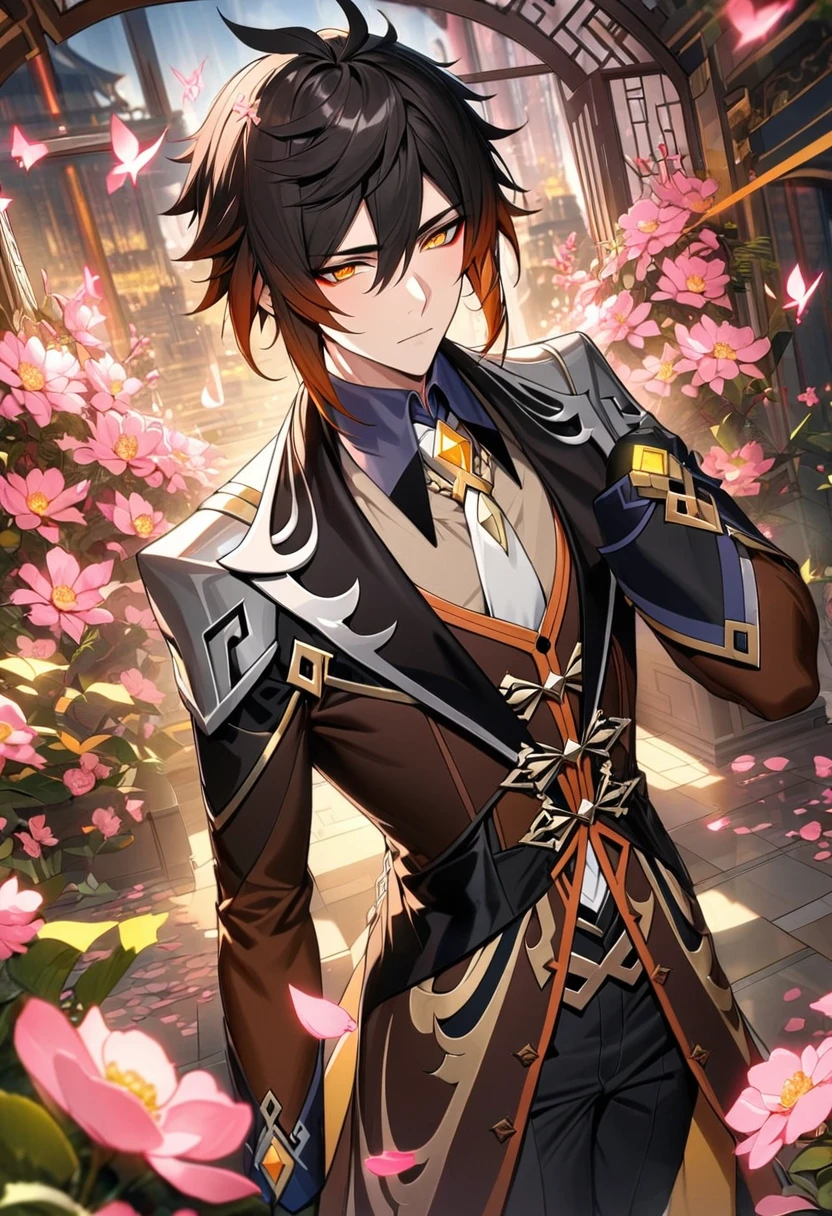 (absurdres, highres, ultra detailed, HDR) master piece, best quality, perfect face, Zhongli, black hair, expressive yellow eyes, Genshin Impact, solo, sexy man, handsome, black clothes, glass pink flowers, glass pink petals, glass pink butterflies, glass garden, glass blossoms, everything made with glass