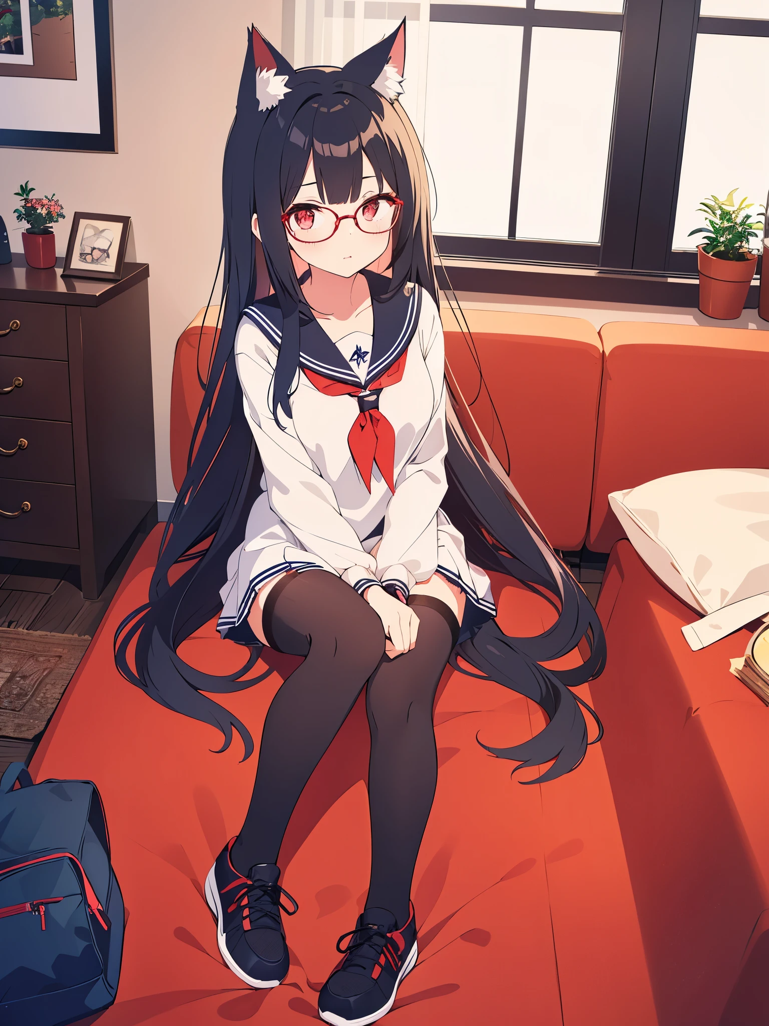 1 girl,black, hair,cat, Ears, red, eyes, in a navy, sailor, with, stockings, with, glasses, with, decorations, in, her, red, hair, in, a room, with, red, tennis, shoes, with, pink, and, white,