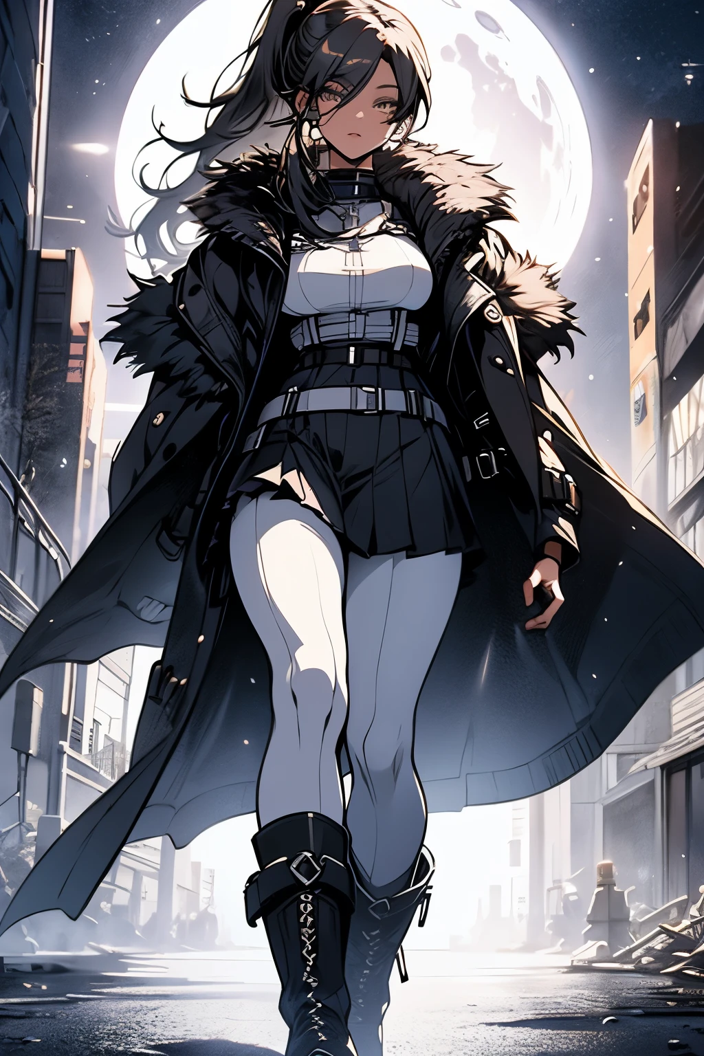 Original photo, best quality, full body photo), (Realistic, photo fidelity: 1.3), (Extremely delicate and beautiful: 1.1) 1 woman chiseled physique and wide hips, leggings, pleated skirt, sports top, high ponytail, high boots, long fur jacket, on a hazy moonlit night in a ghost town, monochrome style, line art, detailed face, detailed eye's, detailed lips, wide hips