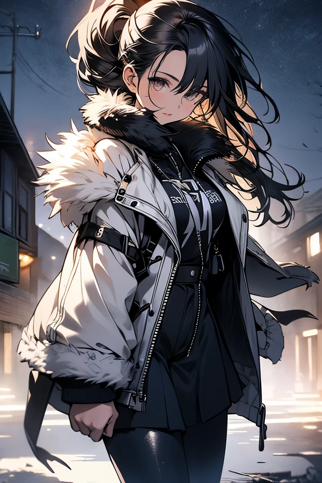 Original photo, best quality, full body photo), (Realistic, photo fidelity: 1.3), (Extremely delicate and beautiful: 1.1) 1 woman chiseled physique and wide hips, leggings, pleated skirt, sports top, high ponytail, high boots, long fur jacket, on a hazy moonlit night in a ghost town, monochrome style, line art, detailed face, detailed eye's, detailed lips, wide hips