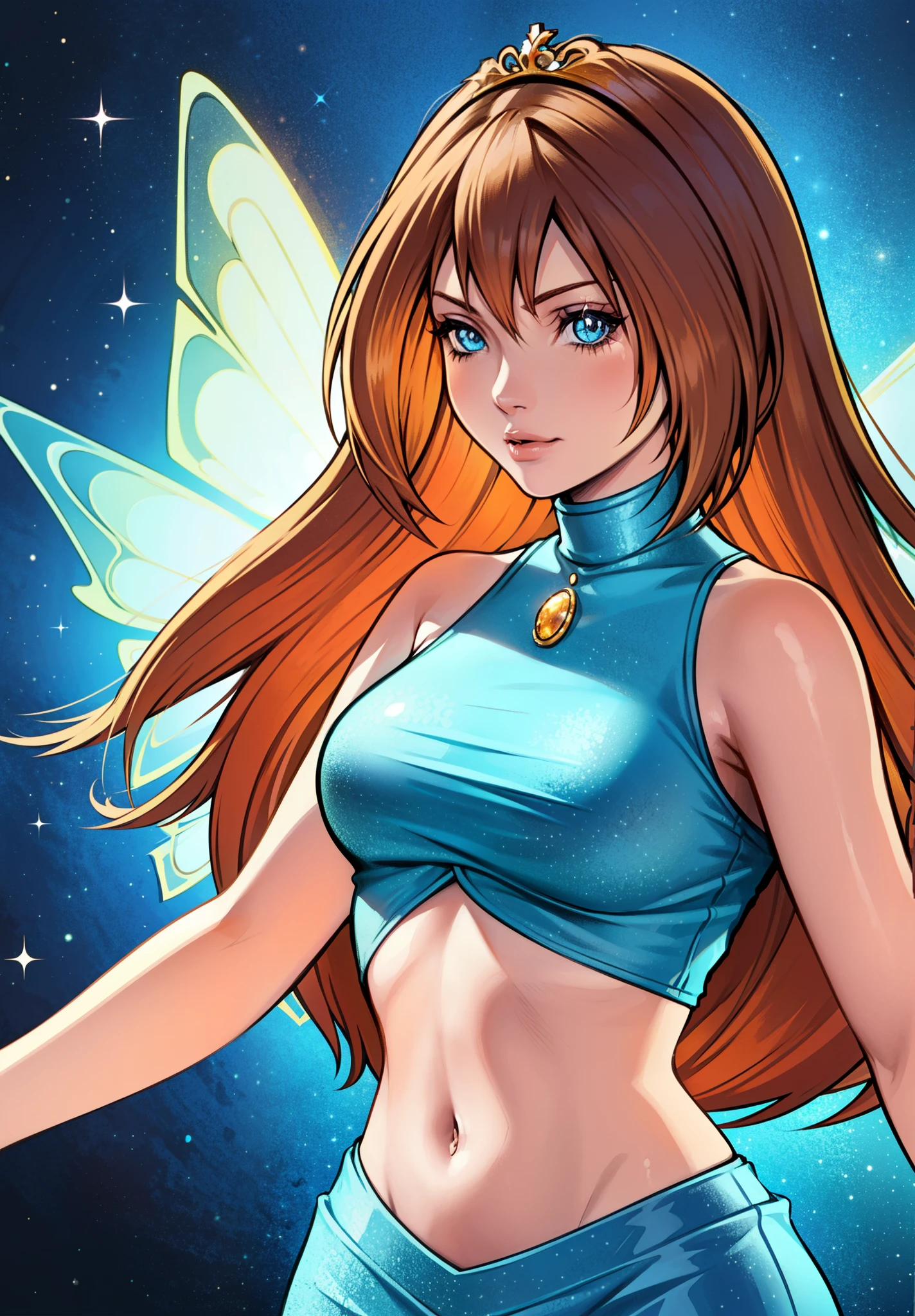 Tetsuya nomura, 1girl, bloom, blue eyes, orange hair, simple background, white background, solo, upper body, (FAIRY OUTFIT), (BLUE CROPTOP, SLEEVELESS, BLUE SKIRT, SPARKLING CLOTHING, WINGS, TIARA)