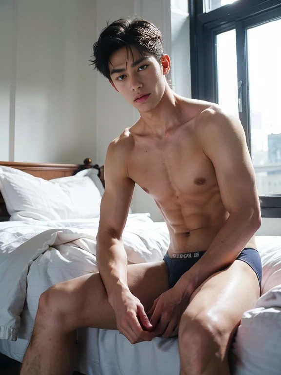 1 boy,,(touch hair:1.5),bed head,(sleepy),topless, micro thong ,window,morning sun,sit on bed,masterpiece,best quality,ultra-detailed,High quality, high resolution,perfect anatomy,detailed,beautiful detailed eyes,full arms,full hand,5 fingers , masculine boy , massive , muscular , gay focus, handsome