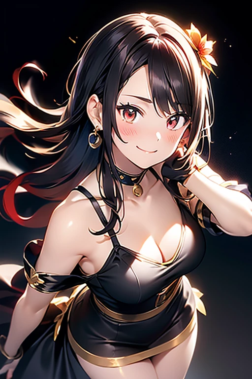 yor briar, anime style beutiful woman, 1girl,fullbody, happy, smile, red face, closed mouth, beautiful detailed eyes, super detailed skin, backlighting, bare shoulders, black background, black dress, black gloves, black hair, breasts, dress, earrings, fingerless gloves, floating hair, floral print, flower, gloves, gold earrings, gold hairband, hair flower, hair ornament, hairband, holding, holding weapon, jewelry, large breasts, long hair, looking at viewer, off-shoulder dress, off shoulder,red eyes, short hair with long locks, sidelocks, solo, spikes, thighs, two-sided dress, two-sided fabric, weapon, fighting stance , face, close up, from above, highest quality, high resolution.