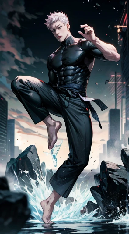 Full Body photorealistic handsome hunky Gojo Satoru of Jujutsu Kaisen in Action