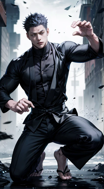 Full Body photorealistic handsome hunky Gojo Satoru of Jujutsu Kaisen in Action 