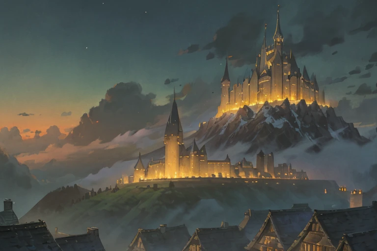 impressive big ((ghibli)) dark fantasy castle at night, high up top, rocky mountains, tiled roofs, medieval, many towers, sky passages between towers, clustered towers, many turrets, balconies, POV