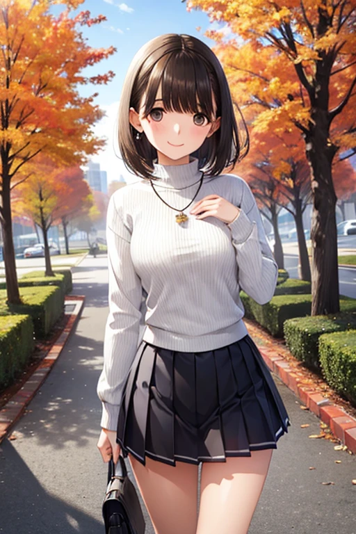 masterpiece, highest quality, High resolution, 

One girl, alone, 
jewelry,  ribbed sweater、SkirtBlack Skirt, sweater, Long sleeve, Pleated skirt,necklace,  socks, turtleneck sweater, turtleneck, white socks, 

Shiny brown hair, short hair, Brown eyes、smile、Sparkling eyes, (Fine grain)、chest, 
,  Cowboy Shot, smile,

Ginkgo trees in autumn、