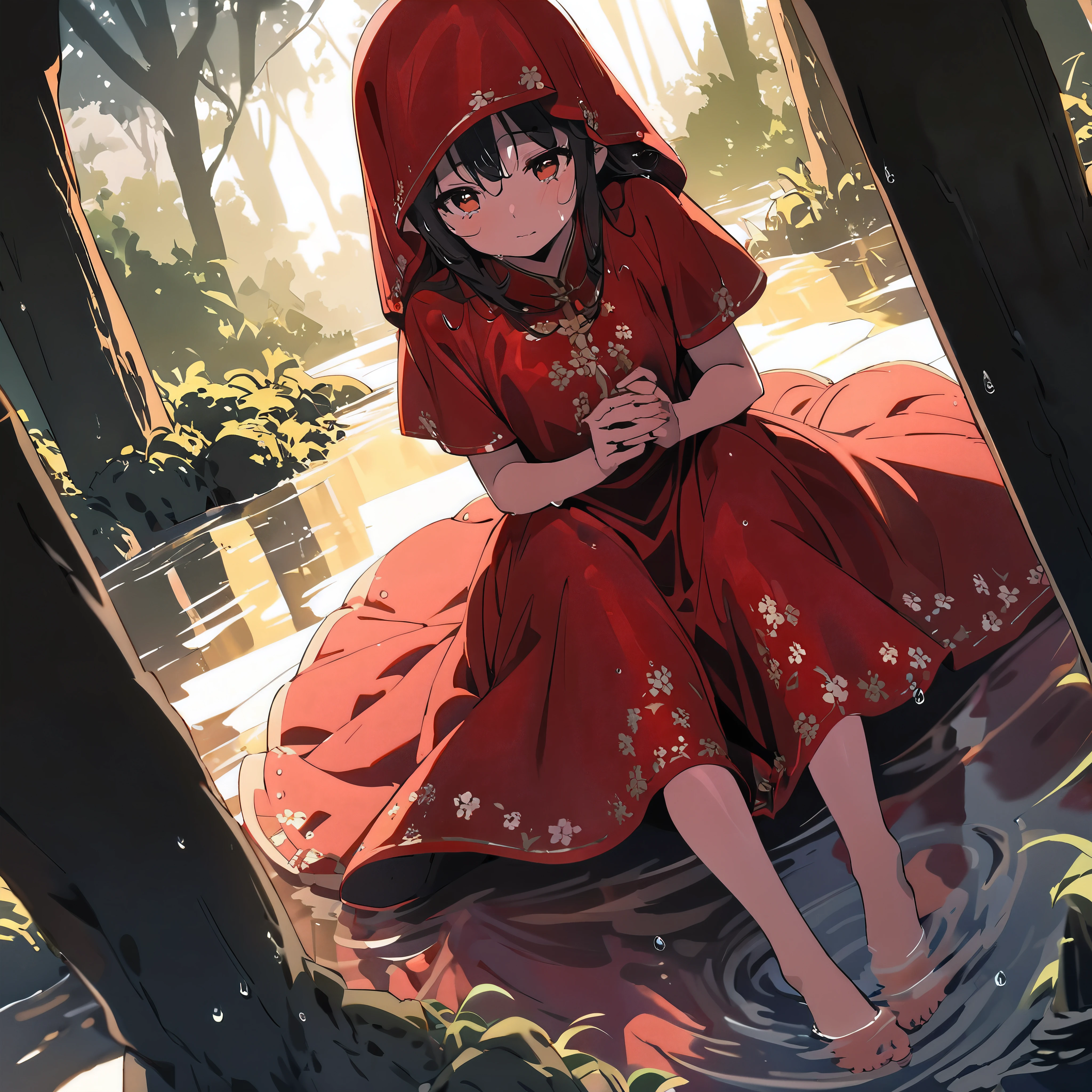 (Dramatic angle), (very young little girl was dressed in a (very large red dress and phoenix red veil, best wrinkle, best shadow, best light), with a red veil over her head, she have a beautiful appearance, her slender and beautiful figure), (wet, wet body, wet hair, wet skin, very wet dress, reflection on the wet dress, delicate blossom embroidery, subtle water droplets:1.15), (water spray:1.1), (best dress wrinkle, Transparent mucus wrapping:1.1),(bare feet), little girl was surrounded and boarded the Seven Treasure Incense Car, slowly driving towards the underworld, The sky became increasingly dim, and the evening breeze blew through the trees, leaving a desolate scene, The sound of festive music in her ears was like a funeral song, and the long road seemed to lead to the underworld