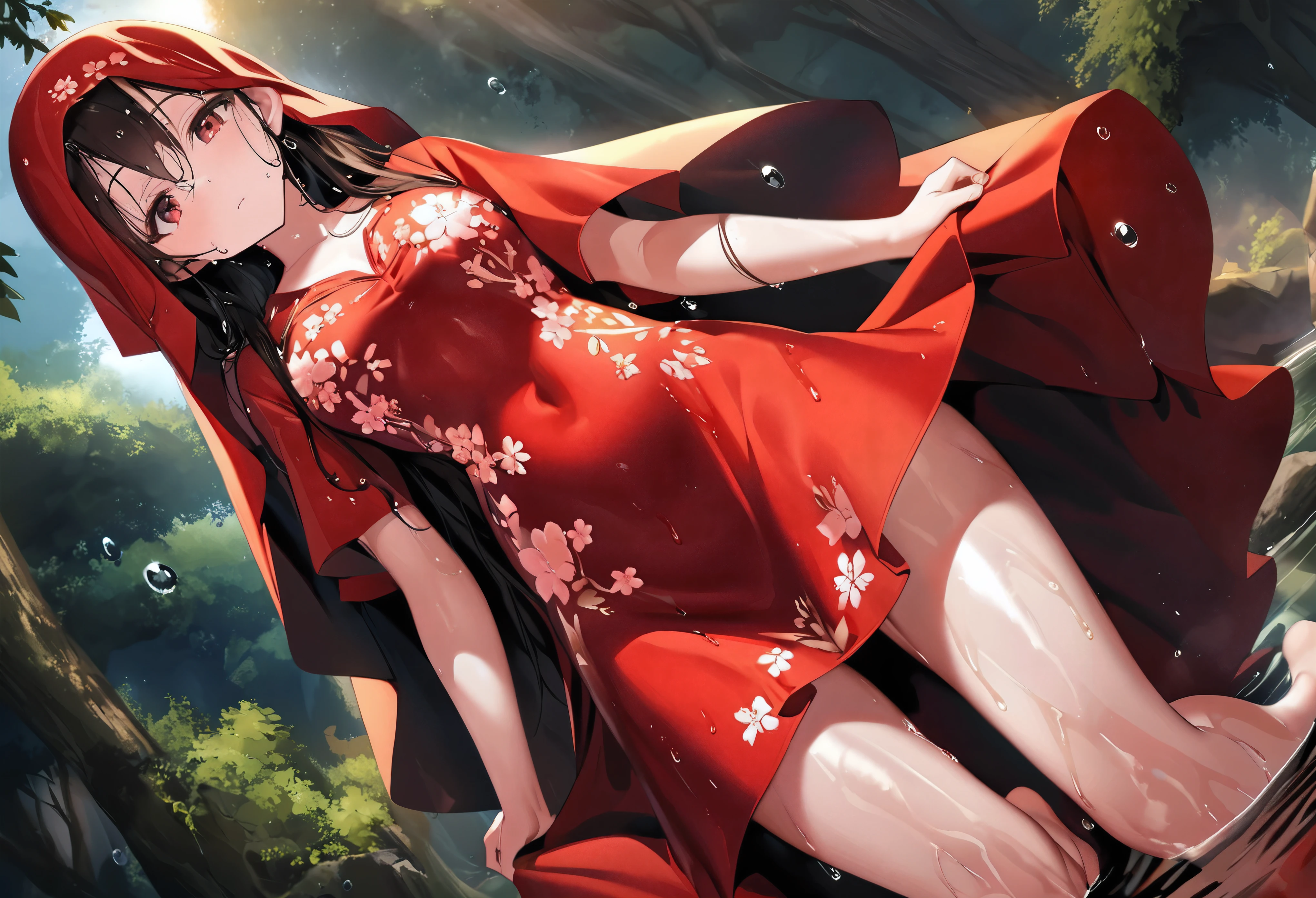 (Dramatic angle), (very girl was dressed in a (very large red dress) and phoenix red veil, with a red veil over her head, she have a beautiful appearance, her slender and beautiful figure), (wet, wet body, wet hair, wet skin, very wet dress, reflection on the wet dress, delicate blossom embroidery, subtle water droplets:1.15), (water spray:1.1), (best dress wrinkle, Transparent mucus wrapping:1.1),(bare feet), little girl rrounded and boarded the Seven Treasure Incense Car, slowly driving towards the underworld, The sky became increasingly dim, and the evening breeze blew through the trees, leaving a desolate scene, The sound of festive music in her ears was like a funeral song, and the long road seemed to lead to the underworld
