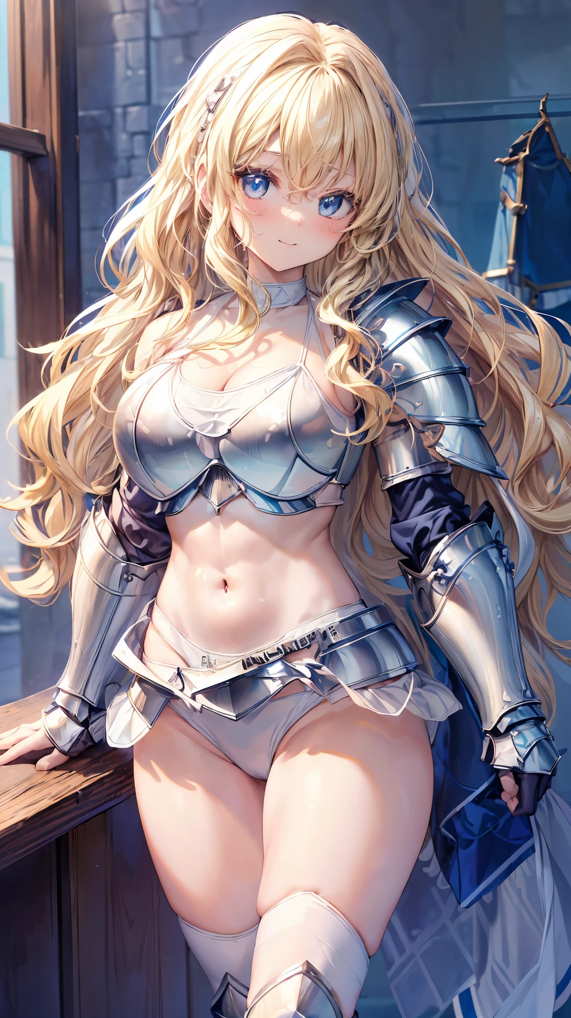 Very detailed、highest quality、Best image quality、masterpiece、8k、Anime Face、A kind smile、Open your mouth、Sparkling blue eyes、(Blonde wavy hair:1.5)、、Muscles of the whole body、camisole、Thigh belt、mini skirt、(Wearing white bikini armor:1.5)、(Cowboy Shot:1.5)、(Leg armor:1.5)、Armor