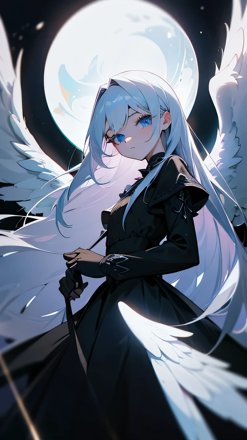 light particles, soft lighting, volumetric lighting, intricate details, finely detailed, 1girl, solo, angel, fallen angel, fallen angel girl, White hair, long hair, Blue eyes(finely detailed), long eyelashes, thick eyelashes, looking at viewer, black dress(black primary, black secondary, white tertiary), thin dress, battle dress, thin sleeves, (long sleeves:1.1), angel wings, crooked wings, fallen angel wings, fluffy wings, black background, simple background, from in front,