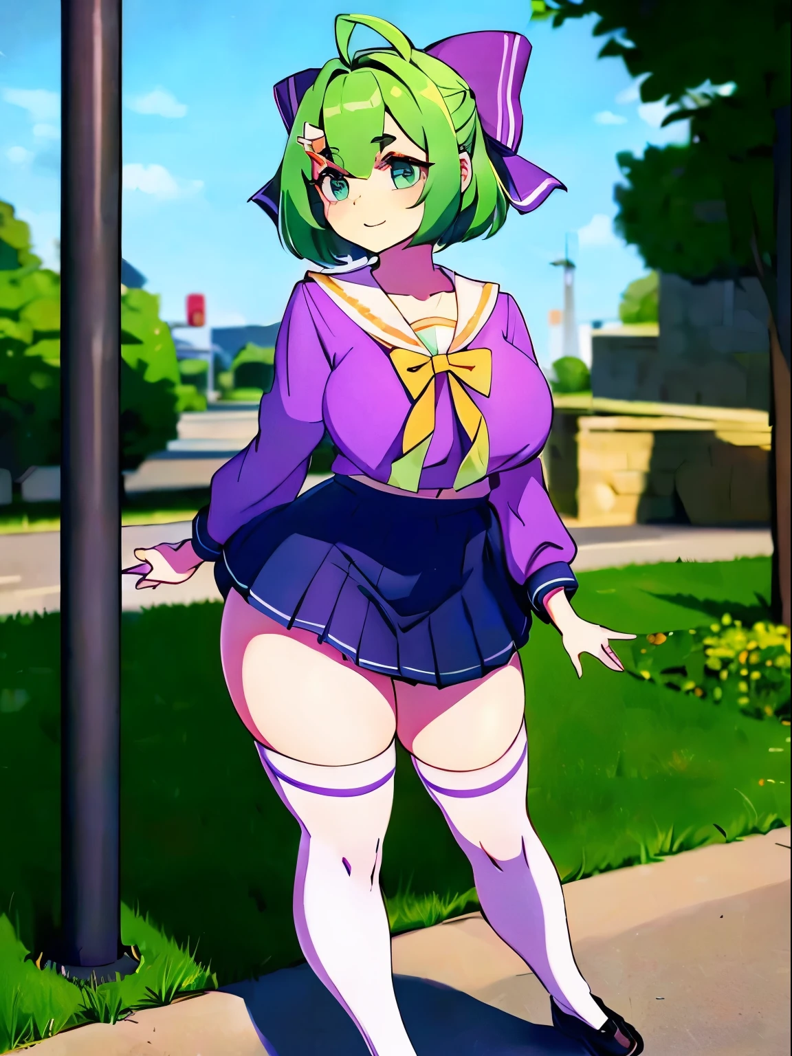 ((((Kipiti Art)))), ((high resolution)),masterpiece, high quality, best quality, fair, Perfect lighting, Delicate face, ultra Lovely face, ((1 Girl)), ((Green short hair alone，Green Eyes，Hair bow，Hairpin，Purple and sailor collar，Sailor Suit，Blue pleated skirt，White socks，leather shoes，Antenna Hair，Doudou Eyebrows，Hair rope，  Lovely, Happy, , Perky Breasts, (Wide hips), ((Thick thighs)), Curvy beauty, Tick, town, street,