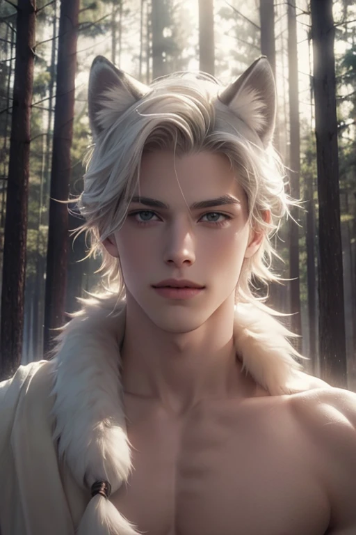 Full Body photorealistic 4k, high resolution, Austin Butler,,best quality, masterpiece, perfect color, perfect shade, perfect lighting, Posted by e621, ((portrait)), ((handsome man)), perfect male figure, Short hair details，Naked and nude torso，Detailed face, perfect face, (stood up), Detailed background, ((Bonifasco Lighting)), (delicate eyes),(animal ears white wolf)，((big fluffy tail))，tattoo，((forest))，emaciated. Smiling 