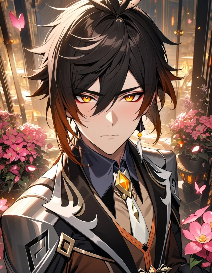(absurdres, highres, ultra detailed, HDR) master piece, best quality, perfect face, Zhongli, black hair, expressive yellow eyes, Genshin Impact, solo, sexy man, handsome, black clothes, black gloves, glass pink flowers, glass pink petals, glass pink butterflies, glass garden, glass blossoms, everything made with glass