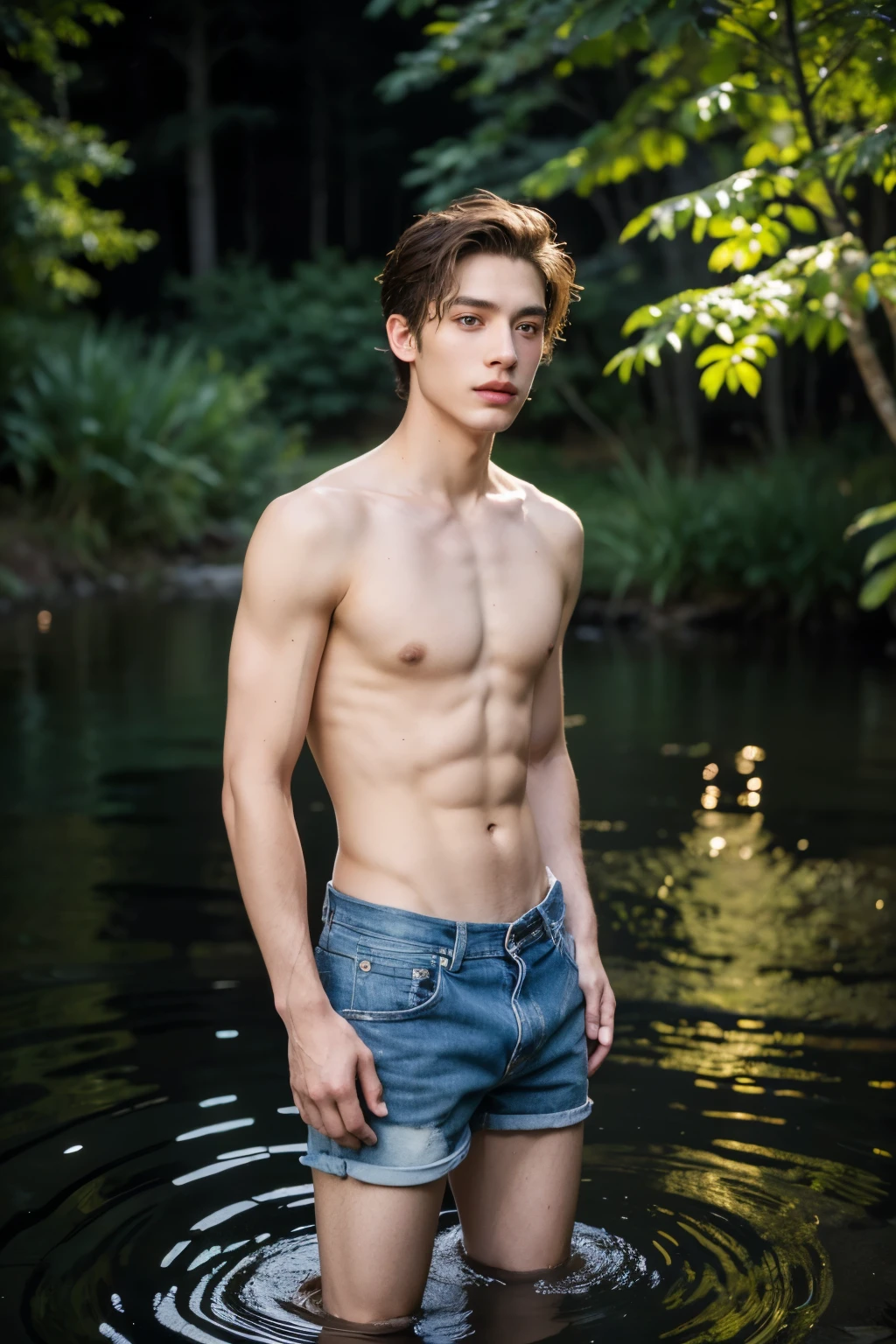 (masterpiece, best quality), Night time, alluring, an average young man, slim, short dark blonde hair, beckoning viewer to join, shirtless, standing in water of lake, woods, hyper real,  youthful skin, life-like, hyperdetailed, photorealistic, accurate, proportionate,  ((detailed realistic skin, life-like detailed realistic face)),