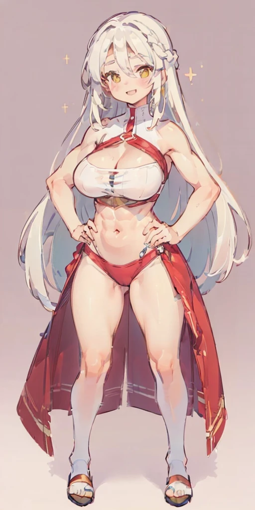 (((Plain background 1:2))) (masterpiece, high quality: 1.1) 1girl full body standing, hairstyle with a braid, white colored hair, yellow eyes, perfect lighting, muscular, thighs, mature woman, mummy, bellybutton, abs, looks at the viewer smile RED CHEEKS, extremely huge breasts, maternal, porcelain skin, extra very long hair, sparkly skin, good face, chest cover, HANDS ON HIPS