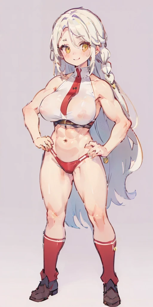 (((Plain background 1:2))) (masterpiece, high quality: 1.1) 1girl full body standing, hairstyle with a braid, white colored hair, yellow eyes, perfect lighting, muscular, thighs, mature woman, mummy, bellybutton, abs, looks at the viewer smile RED CHEEKS, extremely huge breasts, maternal, porcelain skin, extra very long hair, sparkly skin, good face, chest cover, HANDS ON HIPS