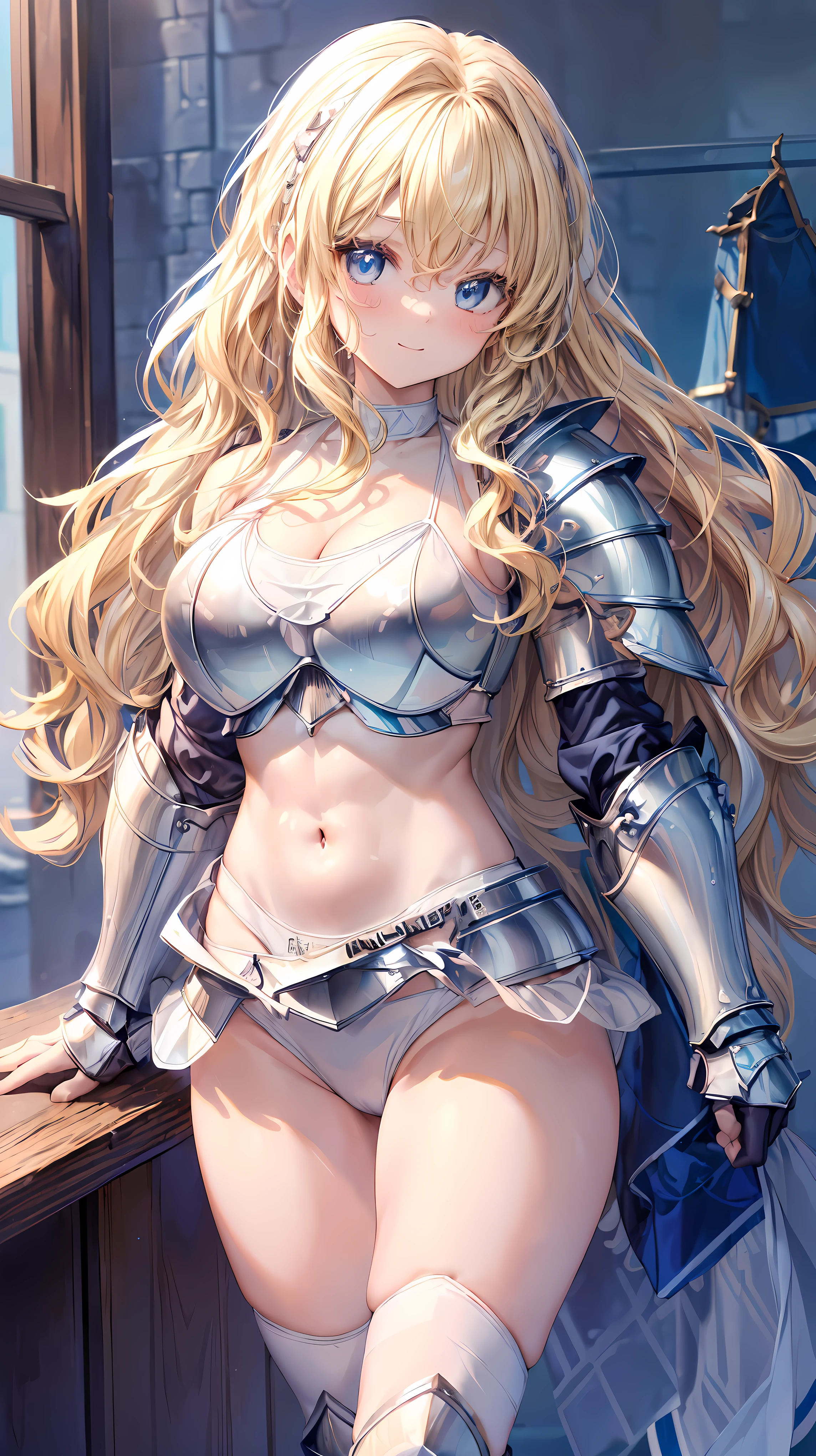 Very detailed、highest quality、Best image quality、masterpiece、8k、Anime Face、A kind smile、Open your mouth、Sparkling blue eyes、(Blonde wavy hair:1.5)、、Muscles of the whole body、camisole、Thigh belt、mini skirt、(Wearing white bikini armor:1.5)、(Cowboy Shot:1.5)、(Leg armor:1.5)、Armor