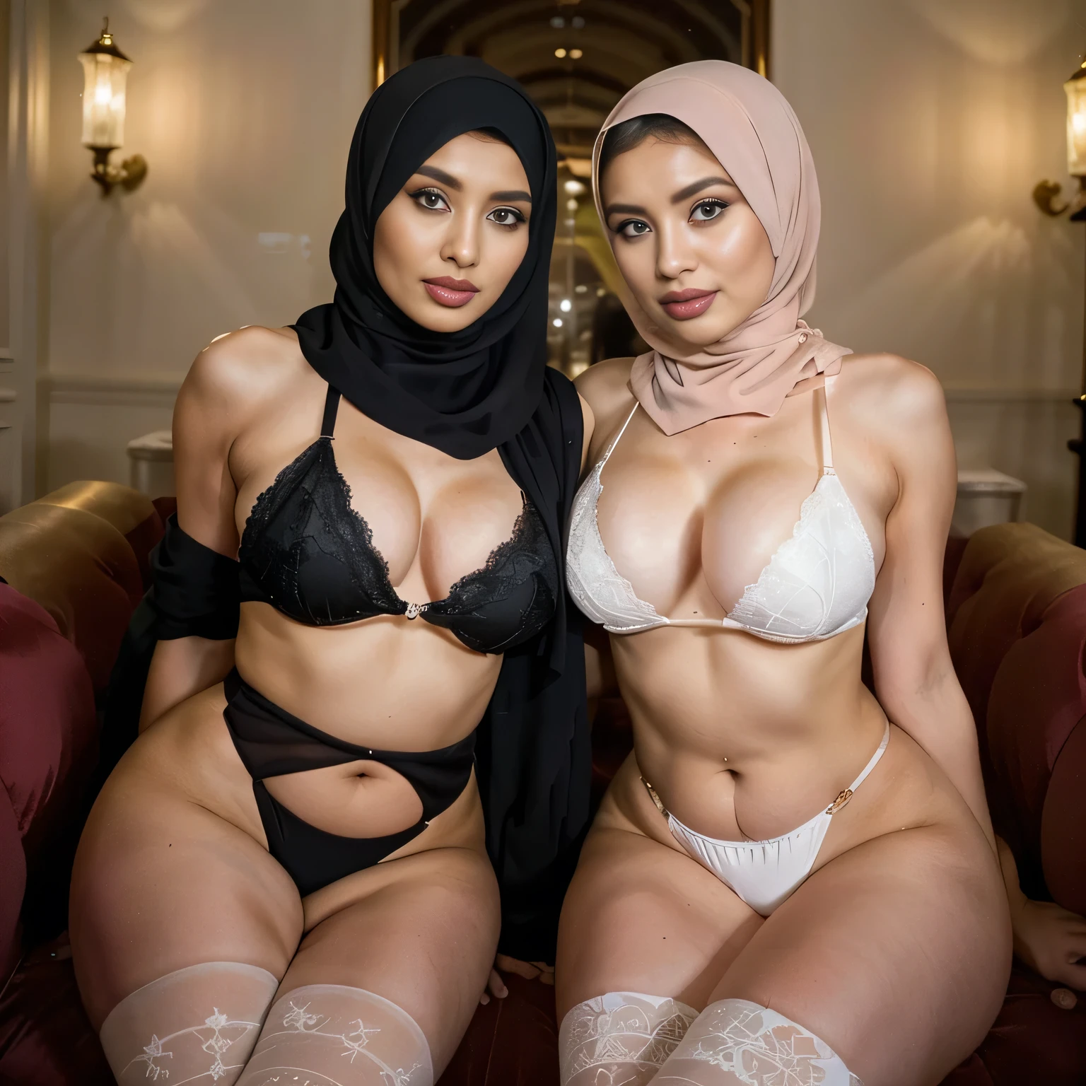 In a regal setting, two sexually attractive hourglass figure adult video star (hijabi) (Muslim) MILF sit side by side on a magnificent throne, radiating elegance and confidence. They share the same height and body proportions, creating a visually the body of a lust-satisfying bitches.
Both ladies wear (lace hijabs), beautifully wrapped around their heads, framing their faces and accentuating their natural beauty. The delicate lace adds a touch of femininity and sophistication to their overall look.
Complementing their hijabs, both ladies wear stockings string bra string thong that add a subtle hint of allure to their ensemble. The stockings enhance their elegant and poised posture, further highlighting their hourglass figures.
Their makeup is flawlessly applied, with striking red lips, voluminous mascara, captivating eye shadow, precise eyeliner, and luxurious lashes. These elements enhance their already mesmerizing features, drawing attention to their expressive eyes.
As they sit close to each other on the throne, they exude a sense of unity and sisterhood. Their presence showcases the beauty and strength of hijabi Muslim women, empowering others to embrace their identities and celebrate their unique beauty.
she is looking at viewer, skin texture, ultra high res, RAW, instagram LUT, masterpiece, best quality, ultra-detailed, ultra high resolution, RAW, 4k, (looking at viewer), extremely detailed eyes and face, ((beautiful detailed nose)), ((beautiful detailed thigh)), ((beautiful detailed eyes)), perfect body proportion, (looking at the camera), seductive face, cheerful, happy, (thighhighs) (hijab) (SFW:1.5), (five fingers), detailed fingers, (string bikini), slightly fat,