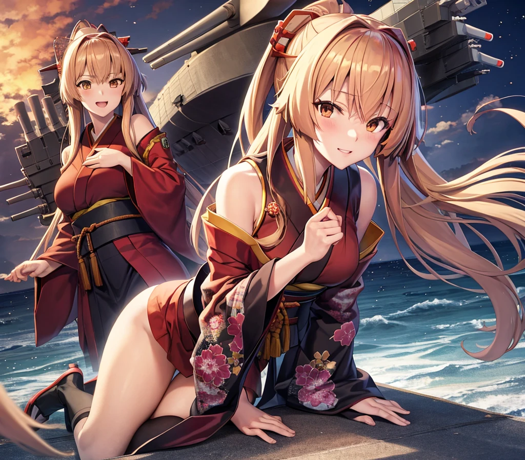 battleship Yamato as an anime girl, wearing kimono, with battleships nearby