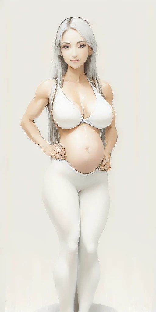 (((Plain background 1:2))) (masterpiece, high quality: 1.1) 1girl full body standing, hairstyle with a braid, white colored hair, yellow eyes, perfect lighting, muscular, thighs, mature woman, mummy, bellybutton, abs, looks at the viewer smile RED CHEEKS, extremely huge breasts, maternal, porcelain skin, extra very long hair, sparkly skin, good face, chest cover, HANDS ON HIPS