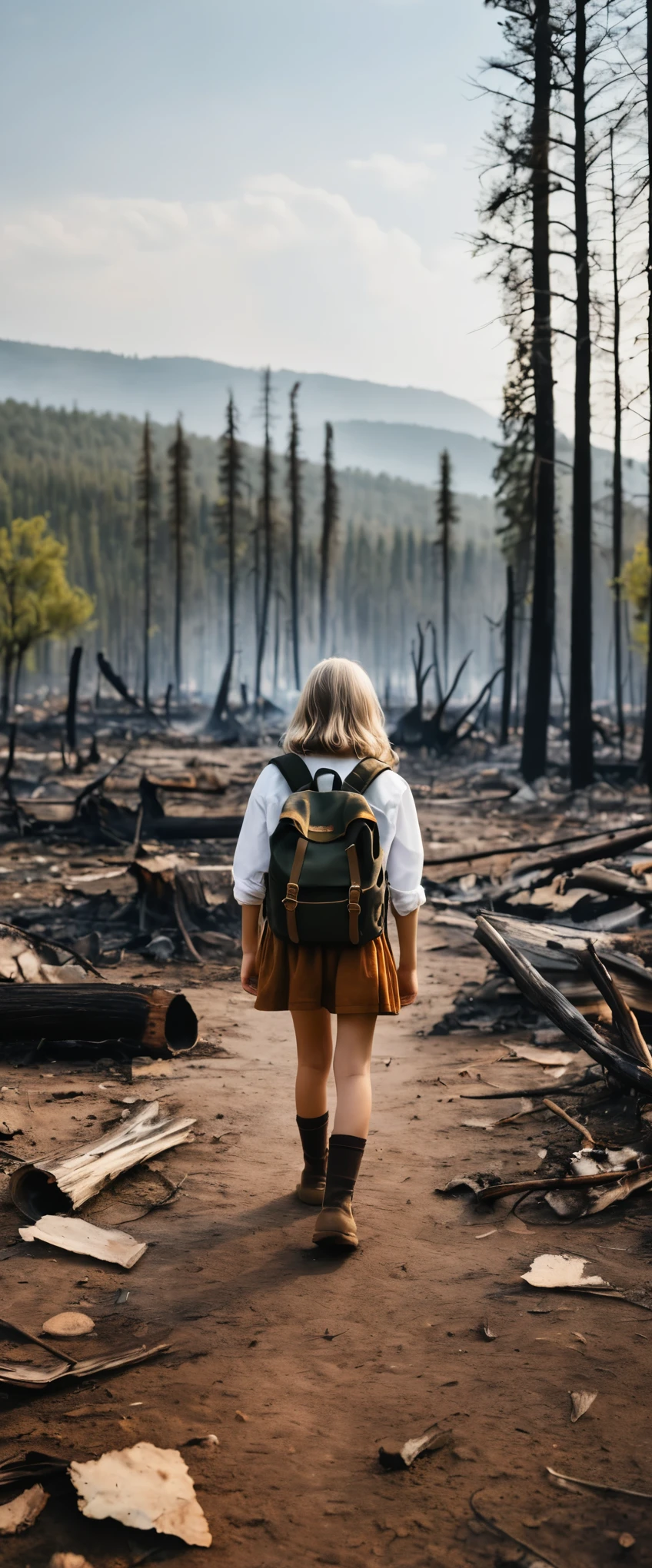 ((Wilderness Landscape Photography)),The wilderness spreads on one side,Remains of buildings,Burnt tree々,walking in a wilderness10Year old girl:White:Bronze Hair,Back view,rucksack,The World War is over,But my dead mother won't come back,Feelings of despair,sorrow,pessimism,Longing,Expressing the feelings of a young girl who longs for her mother,A scene from a movie,England,Moderately dirty,Survivors々Expressing relief and sorrow,They have to leave here soon.,farewell,hard,Photorealistic,Realistic texture,Realistic dirt,masterpiece,Intricate details,National Geographic,highest quality,Post-Apocalyptic Wasteland,Focus on the girl,Realistic Light and Shadow,People traveling with luggage々Place in the background,The sky is clear and blue,puddle:reflection
