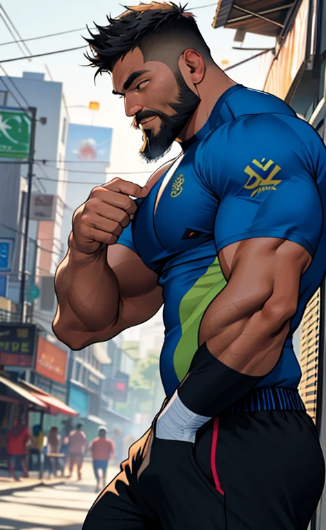 best quality, masterpiece, Indonesian adult male, Ultra-high resolution, Detailed background, realism, illustration, , street, muscle, Volumetric Lighting, Depth of Field, beard, Fitness coach, compression shirt,背部muscle,Strong,pride,The clothes are cracked,Sleeves open