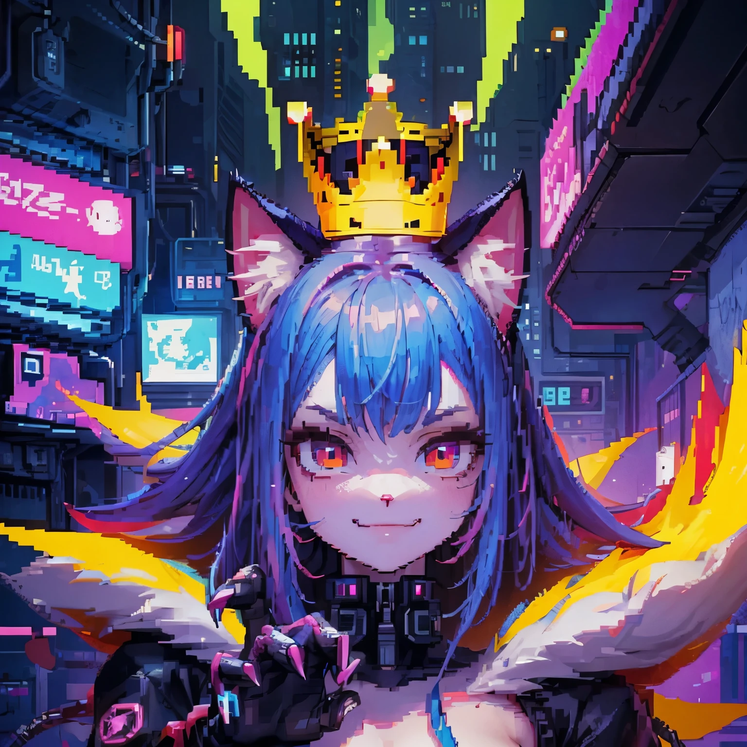pixel art, electric monster, ((furry)), evil smile, cute, crown, electric, abstract, cat, focus on face, cyberpunk, animal, claws, audio, power