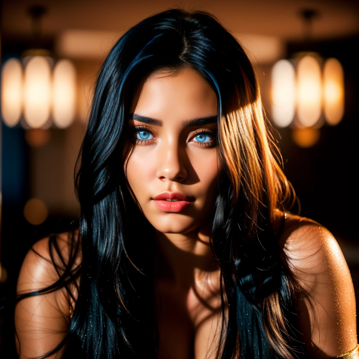 Full body portrait photo of 19 year old girl, RAW, gorgeous and beautiful woman and body, half-open red lips, dimples, longing gaze, deep navi blue eyes, big pupils, big eyelashes, (very long straight black hair), ((detailed face)), ((detailed facial features)), (fine skin), tanned skin, Cyberpunk megacity environment, (hot colors), wet skin, damp, reflection, (masterpiece) (perfect proportions) (realistic photos) (highest quality) (detail) shot with Canon EOS R5, 25mm lens, f/2.8, HDR, (wallpaper) (cinematic lighting) (dramatic lighting) (sharp focus) (complex), (face close-up), realistic shadows, hyper-realistc.