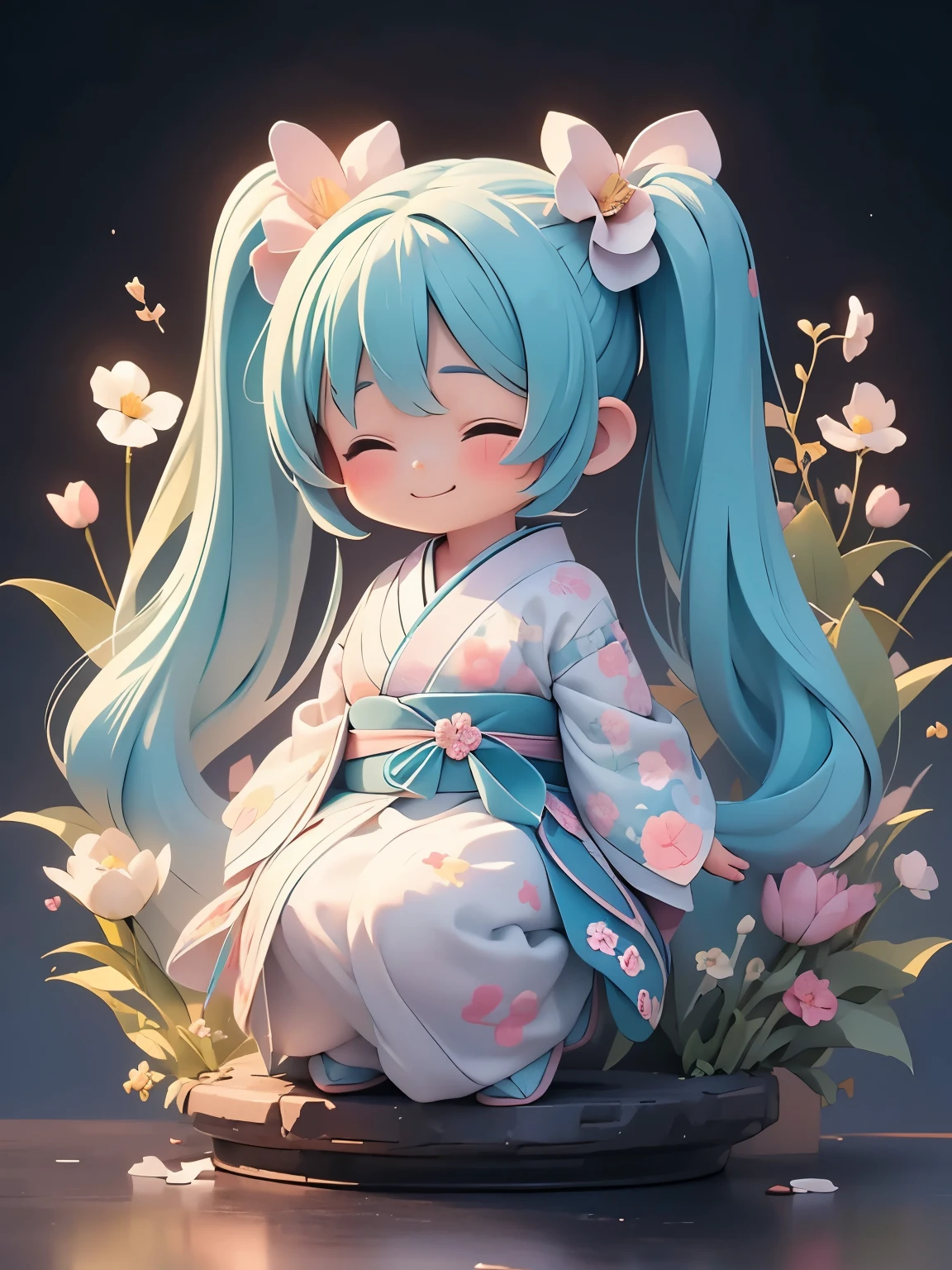 (masterpiece、highest quality、highest quality、Official Art、Beautiful and beautiful:1.2)、(1人のgirl:1.3)Hatsune Miku、Twin tails,Big Breasts,(masterpiece:1.1), (highest quality:1.2), (Very detailed 1.2), (Maiden of Heaven:1.3), (See-through ribbon:1.0), (See-through shawl:1.0), (girl), (alone), whole body, Ahoge, close your eyes, prayer, (ピンクのTwin tails:1.3), (Deformed:1.3), (Chibi Character:1.3), Japanese style, (Floral Background:1.2), Old-fashioned smile,