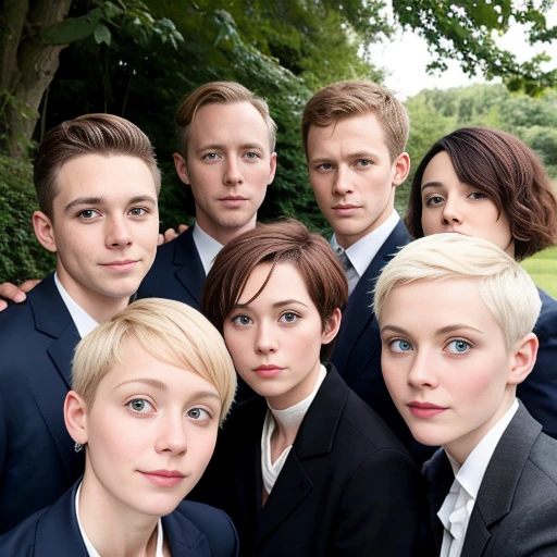 photo with color of a group of English people with short hair, focus on the face. image with color