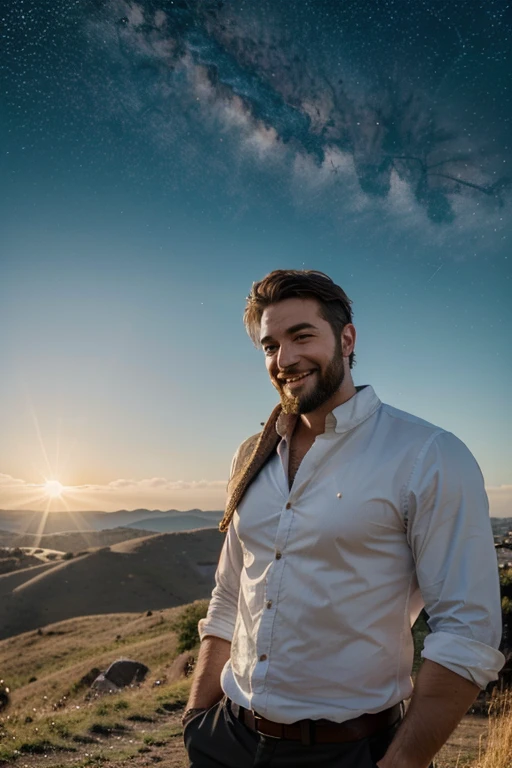 handsome man, Bearded, Beautiful smile, refreshing, Have peace, Receive power from the sun, There are stars., star light, standing on a hill, There are flying birds and clouds., Realistic clarity