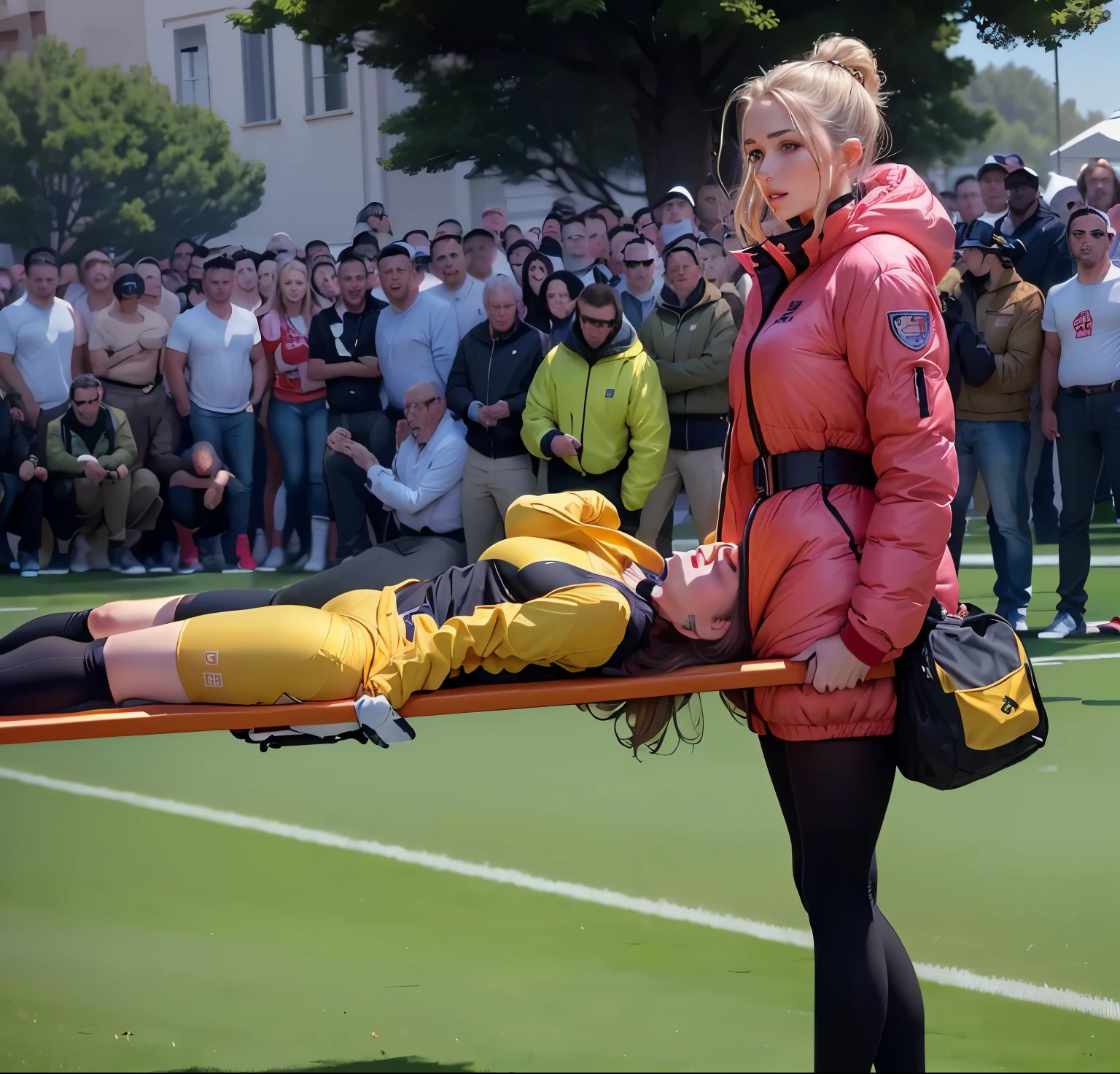woman in red jacket carrying a man on a stretcher, valentina remenar, injured, lynn skordal, by Gina Pellón, intense scene, edited, famous scene, favorite scene, ( ( emma lindstrom ) ), carole feuerman, on a soccer field, simona sbaffi is the captain, cover shot, hurt, mina petrovic, sport