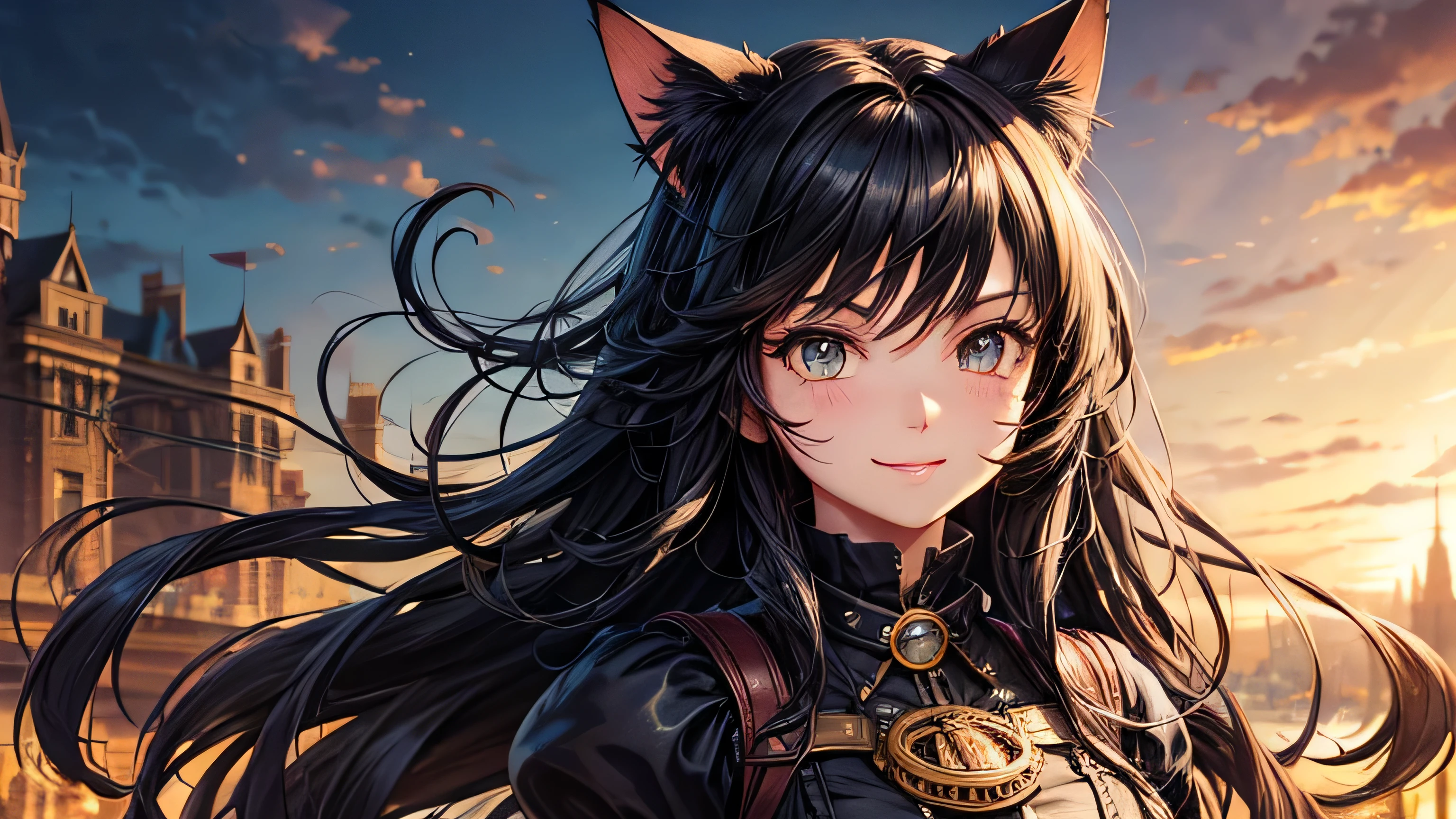 Cat ears girl child Steampunk attire Black Hair Long Hair A big smile Perfect and detailed facial expression Perfect and detailed eye depiction Perfect and detailed hair Perfectly detailed upper body Perfect and detailed clothing Steampunk landscape