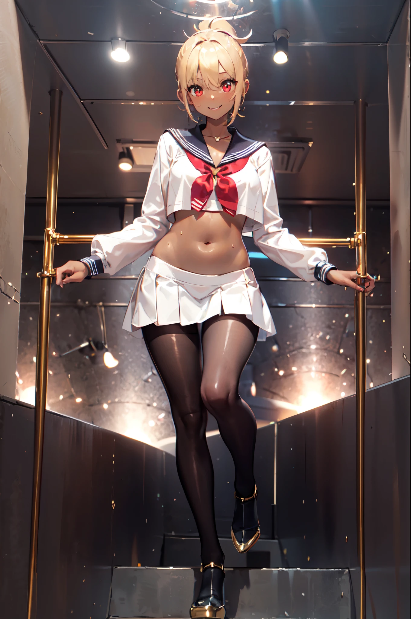 1 girl、masterpiece、Beautiful lighting、Beautiful face in every detail、Beautiful eyes in every detail、High resolution、Ultra-fine Illustration、Very delicate and beautiful、highest quality、The whole body is projected、From the feet、(:1.2), solo, 30th Generation,((Dark skin:1.3)), (Blonde, Blunt bangs ,ponytail,Red eyes),, Curvaceous, (Shiny Hair, Gloss Eye, Glowing Skin), smile, smile, (Glowing Skin:1.7), 、Knee socks、High leg、、((Sailor suit)),Tight fitting clothes、latex、Short skirt、In uniform、I can see my belly button、Pelvic Curtain、Underarm、smile、黒のKnee socks、Observe your audience、Under the chest、Blushed、Sweat、gem、Thick thighs、Part your lips、pantyhose、Blushing、pin heel、(((Golden lighting)))