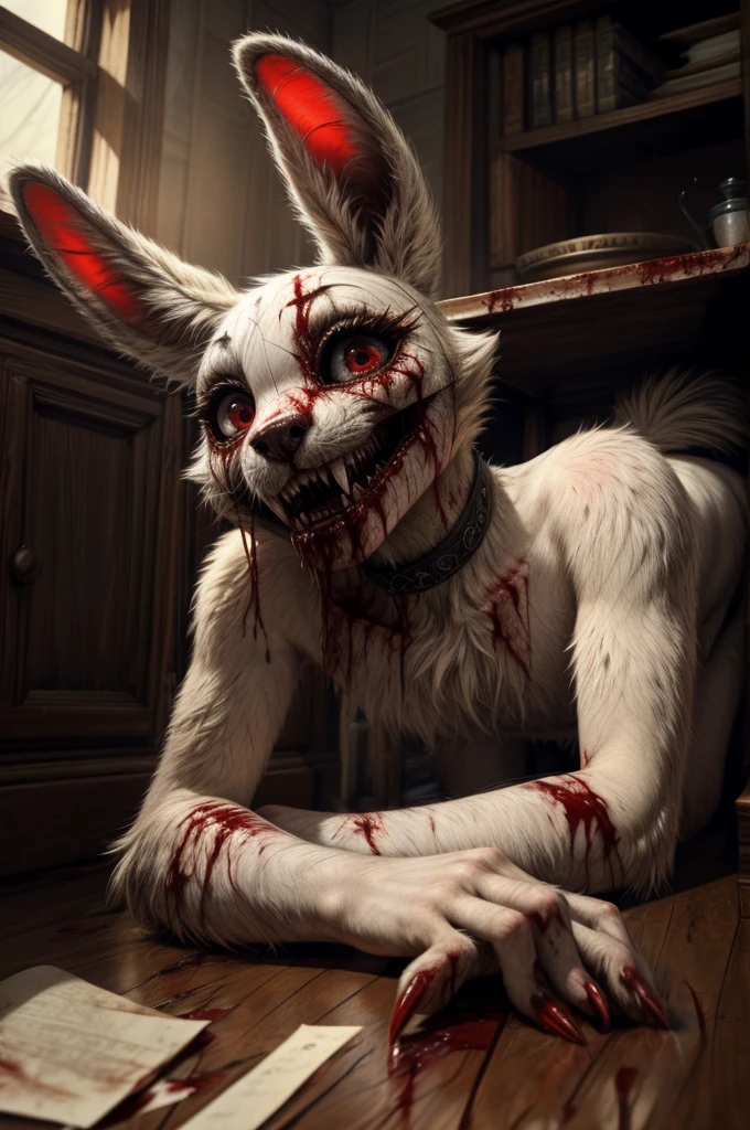 [V=" slim, female, cute, anthro bunny, (vanny from_fnaf), thin, red eyes, scatches, creepy smile, creepy crawling, soft black makeup, small dirty fur with bood,  (on all four), has 2 hands with 4 fingers, red ribbon neck"]. V is down to the floor, is coming out from under the desk, blood on the floor, (more blood), realistic blood, highly detailed, red claws, horror style, creepy art, photorealistic, masterpiece, beautiful, trending on artstation, on the floor pov. By pixelsketcher, by pikaflufftulf,  by honovy, by hioshiru, superb depth of view quality, yiffymix art, fur's censured, specular hands