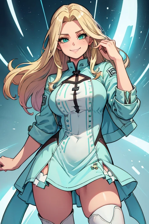 female, blonde flowing hair with green highlights, green eyes, (((1girl))), (((light blue minidress with white trim))), (pink denim cropped jacket), (white thigh high socks), (black boots), cute and sexy, full body, large breasts, large butt, long legs, smiling