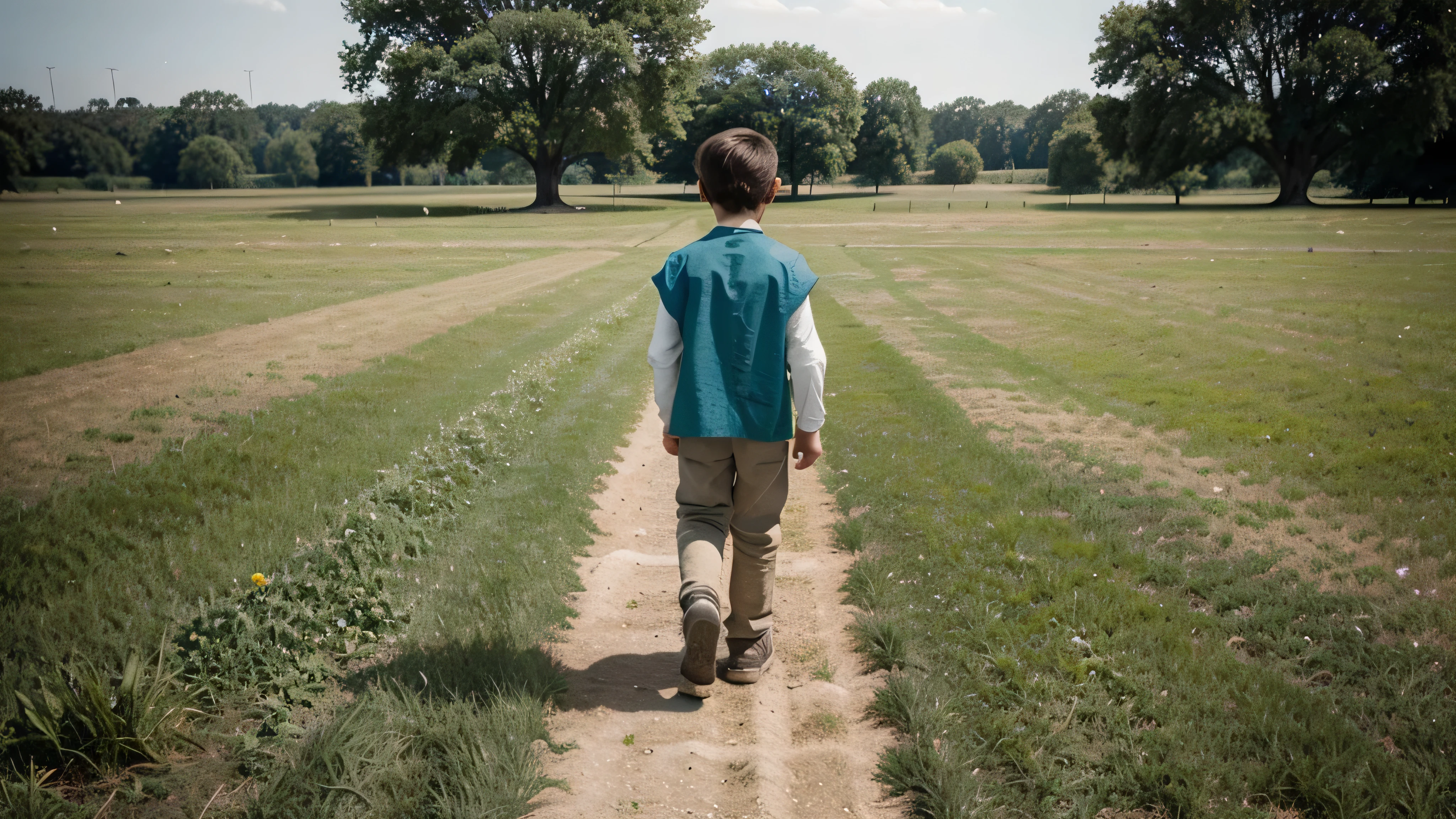 young kid , boy ,dessed like in 1800 years, walking on a field , back view, vintage colors