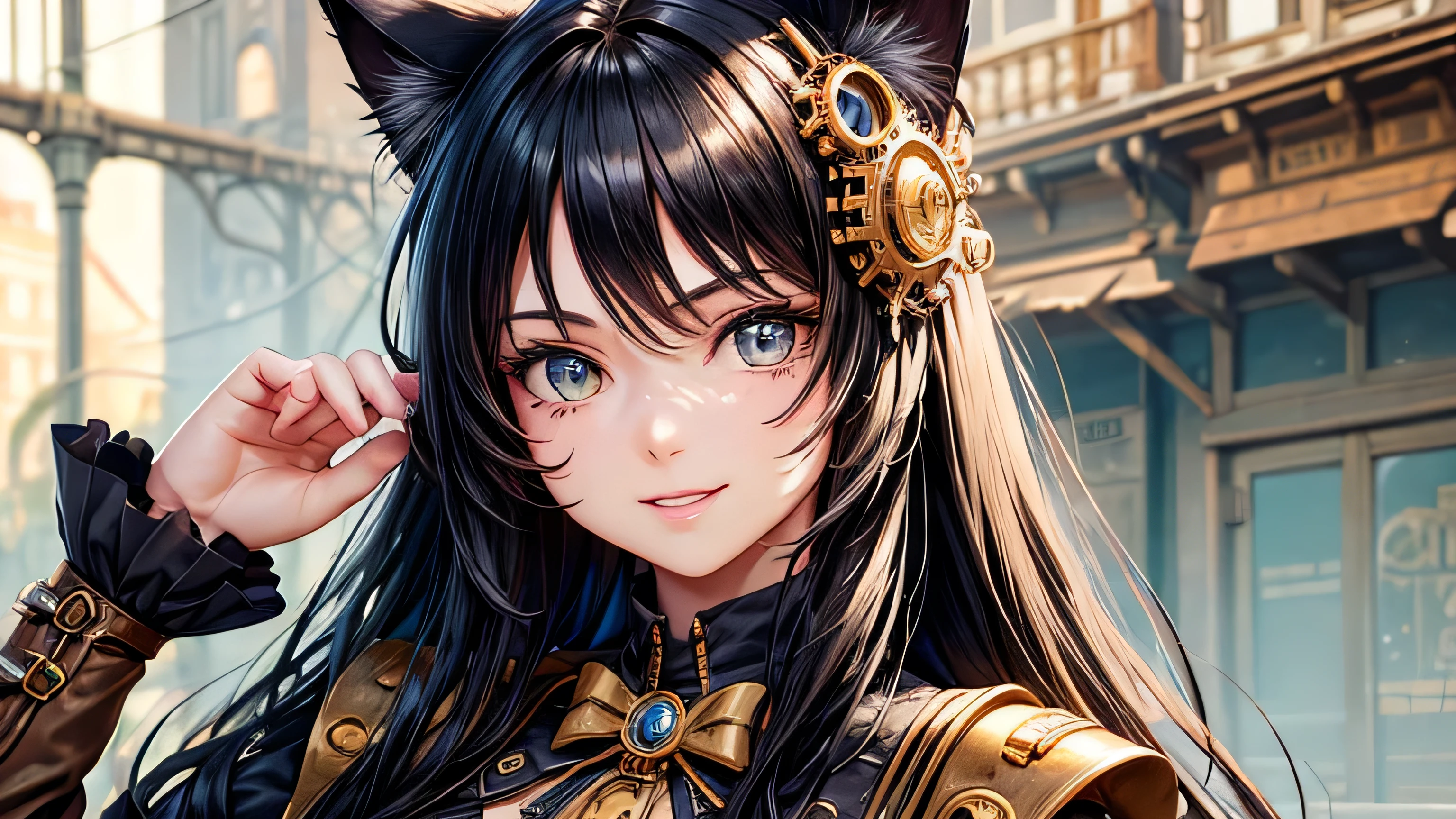 Cat ears Steampunk attire Black Hair Long Hair A big smile Perfect and detailed facial expression Perfect and detailed eye depiction Perfect and detailed hair Perfectly detailed upper body Perfect and detailed clothing Steampunk landscape