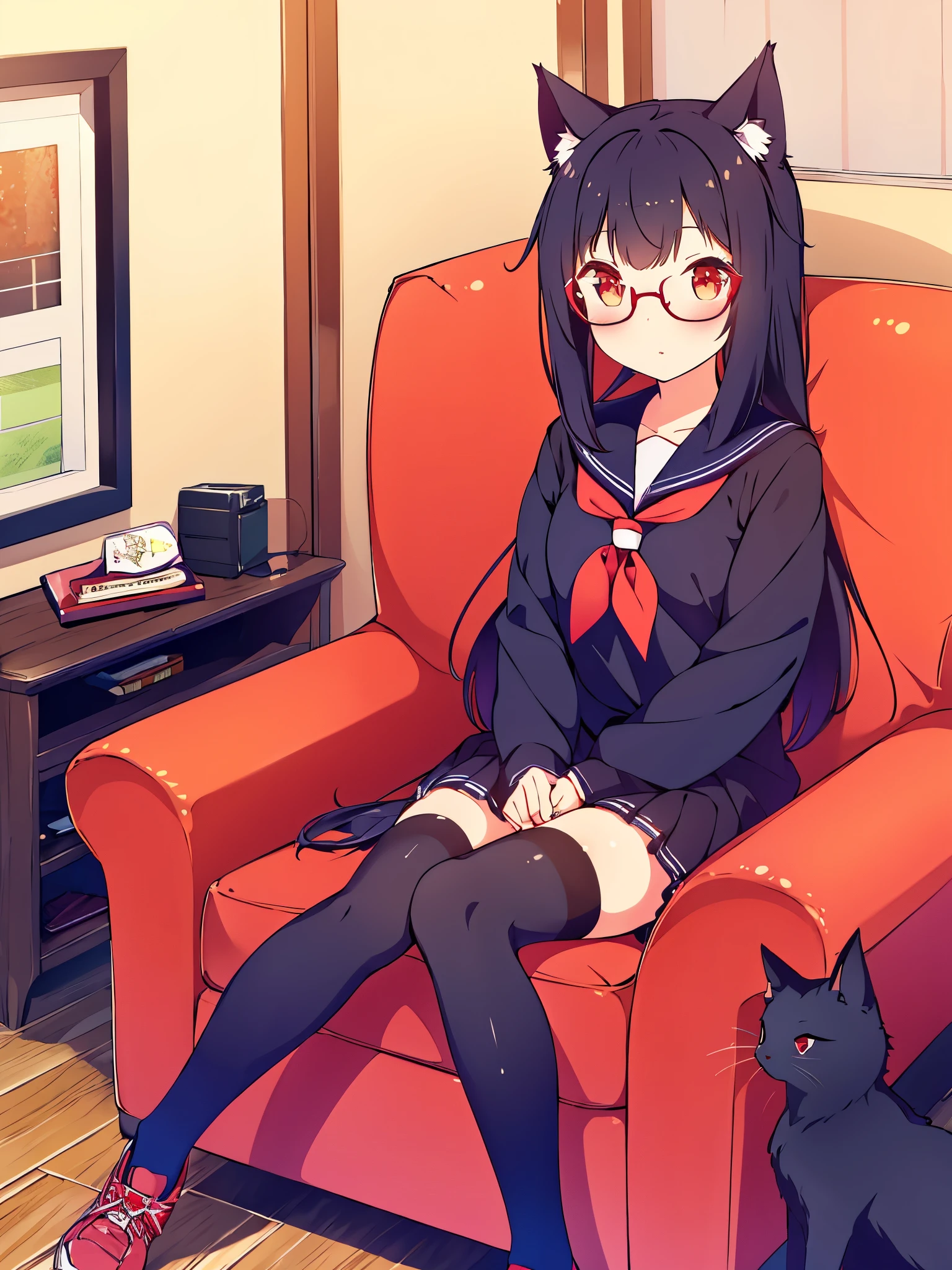 1 girl,black, hair,cat, Ears, red, eyes, in a navy, sailor,  with, stockings, with, glasses, with, decorations, in, her, red, hair, sitting, in, an, armchair, in, a room, with, red, tennis, shoes, with, pink, and, black, 