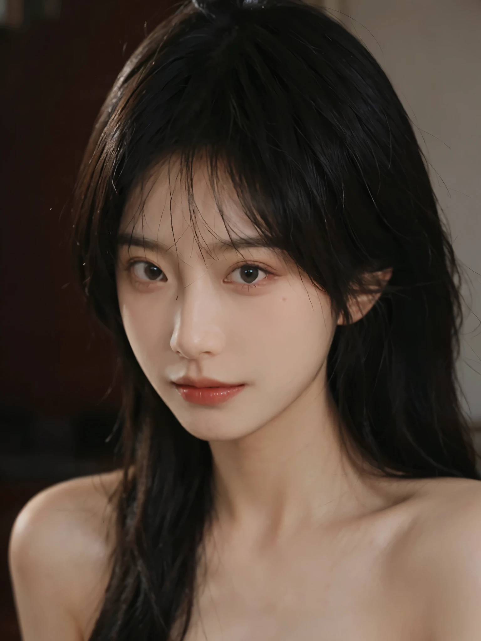 Film portrait photography, 1 girl, bare shoulders,lipstick,(flat chest:1.4), Shoulder length wavy hair, wear glasses,serene, calm, (Realistic and detailed eyes, natural skin texture, Realistic facial details), Soft dramatic lighting, depth of field, Bokeh, Vibrant details, detailed meticulous, hyper-realistic, 35mm film, hazy, ,
