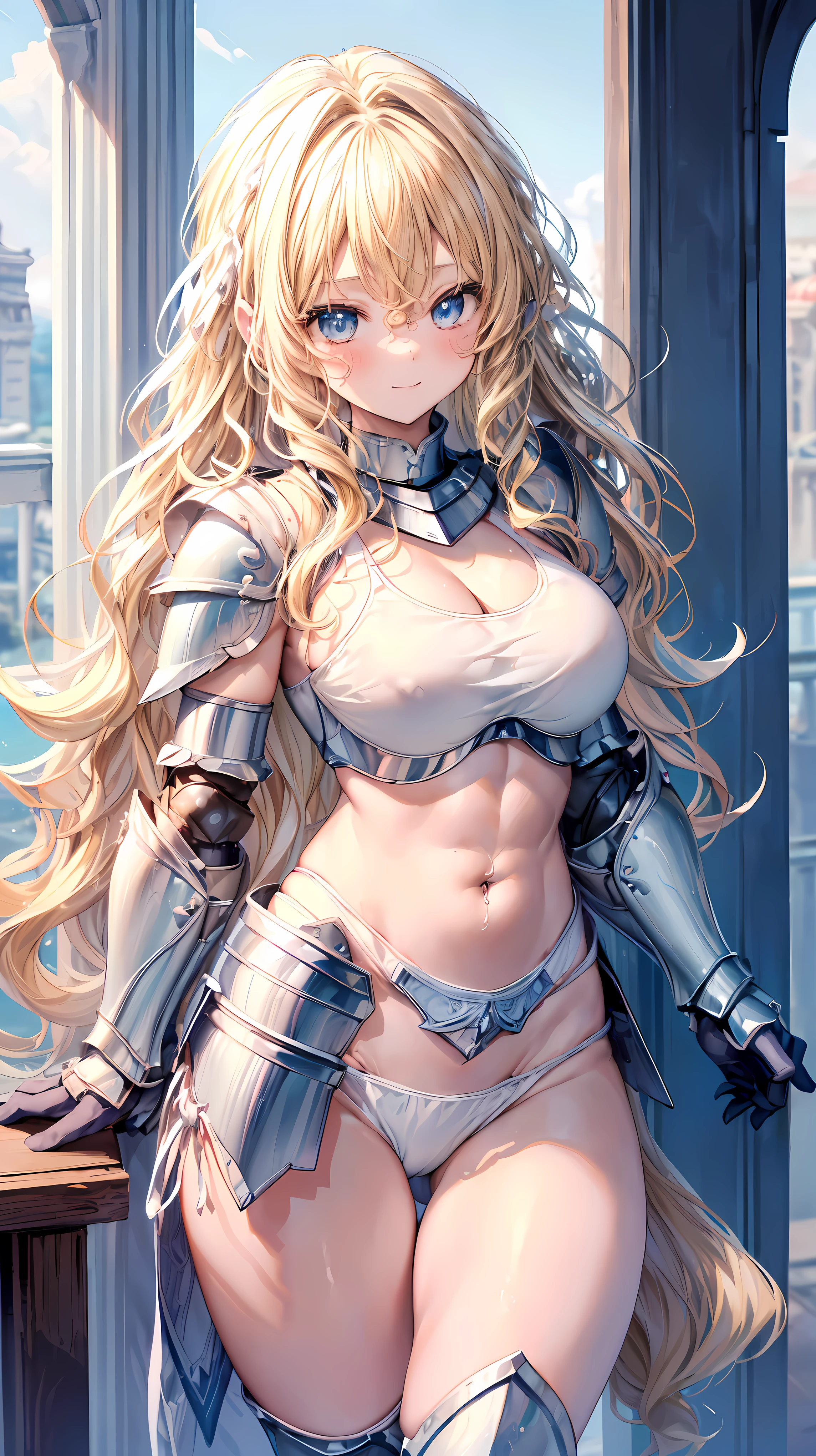 Very detailed、highest quality、Best image quality、masterpiece、8k、Anime Face、A kind smile、Open your mouth、Sparkling blue eyes、(Blonde wavy hair:1.5)、、Muscles of the whole body、camisole、Thigh belt、mini skirt、(Wearing white bikini armor:1.5)、(Cowboy Shot:1.5)、(Leg armor:1.5)、Armor