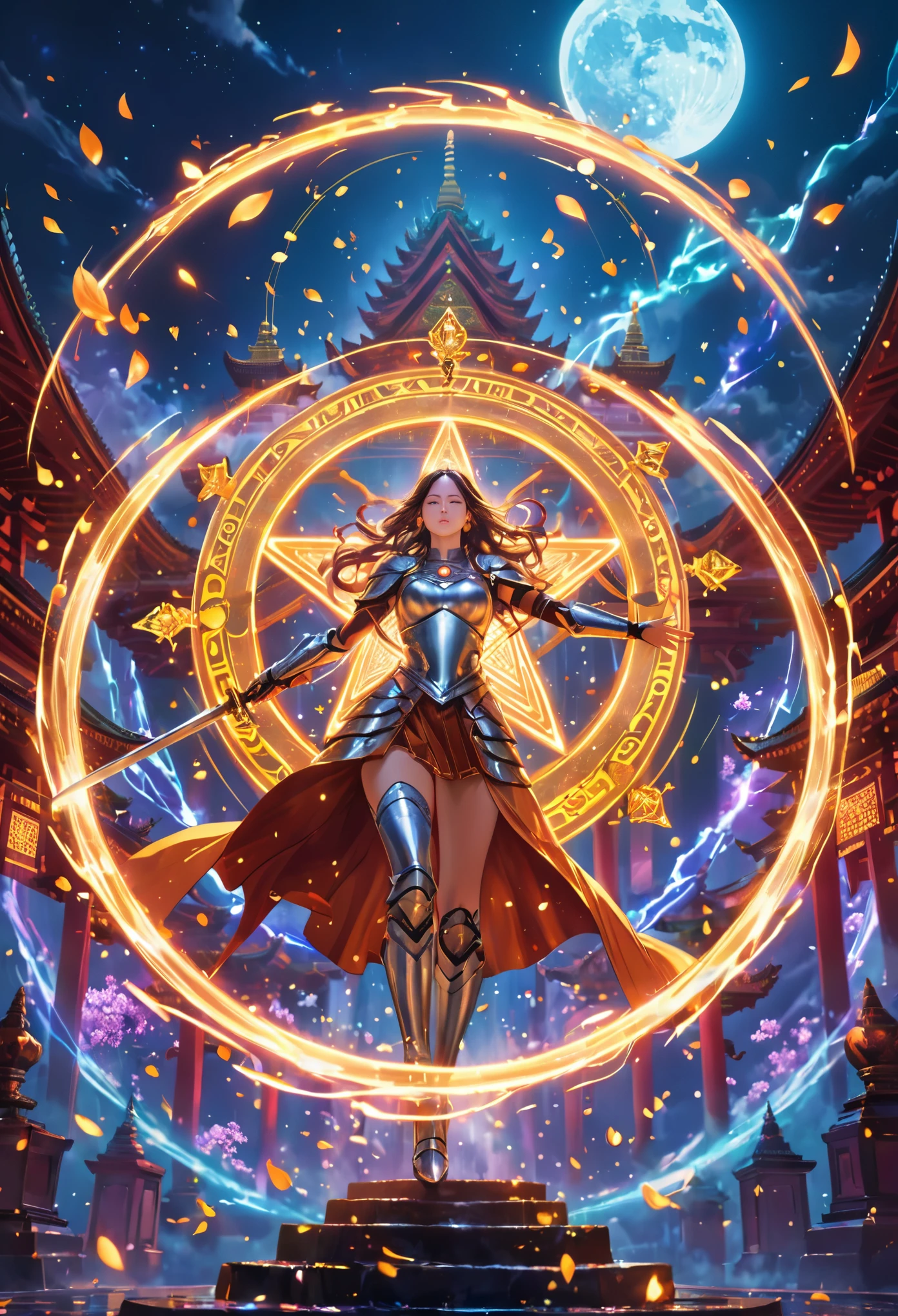 (best quality, masterpiece:1.2), ultra-detailed, A huge sword, ancient glowing symbols on the Shield, a girl wearing armor, （riding a unicod：1.8）, Cuvry Pose, Dynamic Action, long flowing hair, silver armor, electric arc hexagram magic circle background, magical effects, detailed magic circle, detailed hexagram, thick breath mist, vivid color, temple, flower, moon, wind, Surrealism, 4k, 8k, highres, best quality, highres, anatomically correct, textured skin