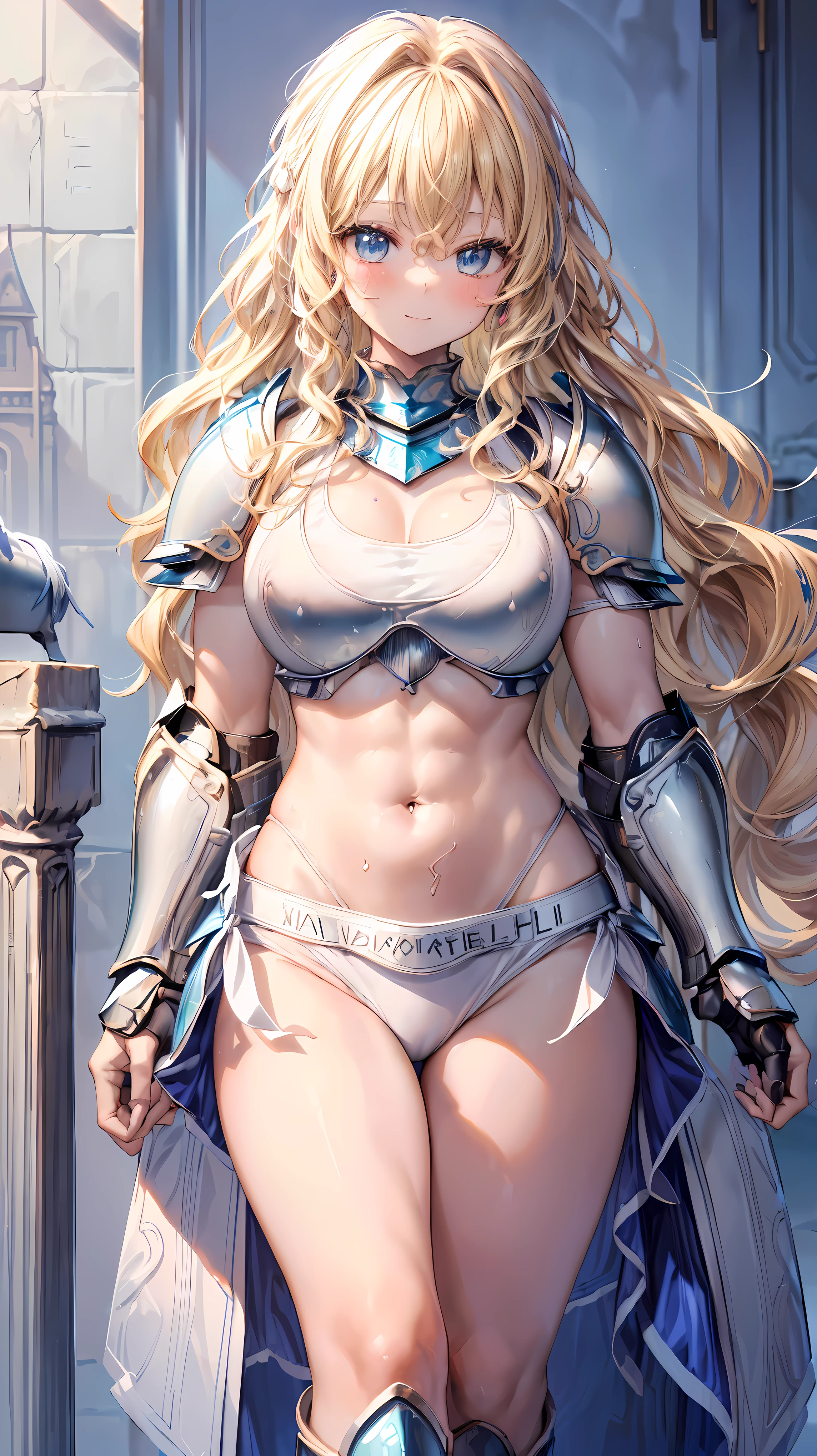 Very detailed、highest quality、Best image quality、masterpiece、8k、Anime Face、A kind smile、Open your mouth、Sparkling blue eyes、(Blonde wavy hair:1.5)、、Muscles of the whole body、camisole、Thigh belt、mini skirt、(Wearing white bikini armor:1.5)、(Cowboy Shot:1.5)、(Leg armor:1.5)、Armor