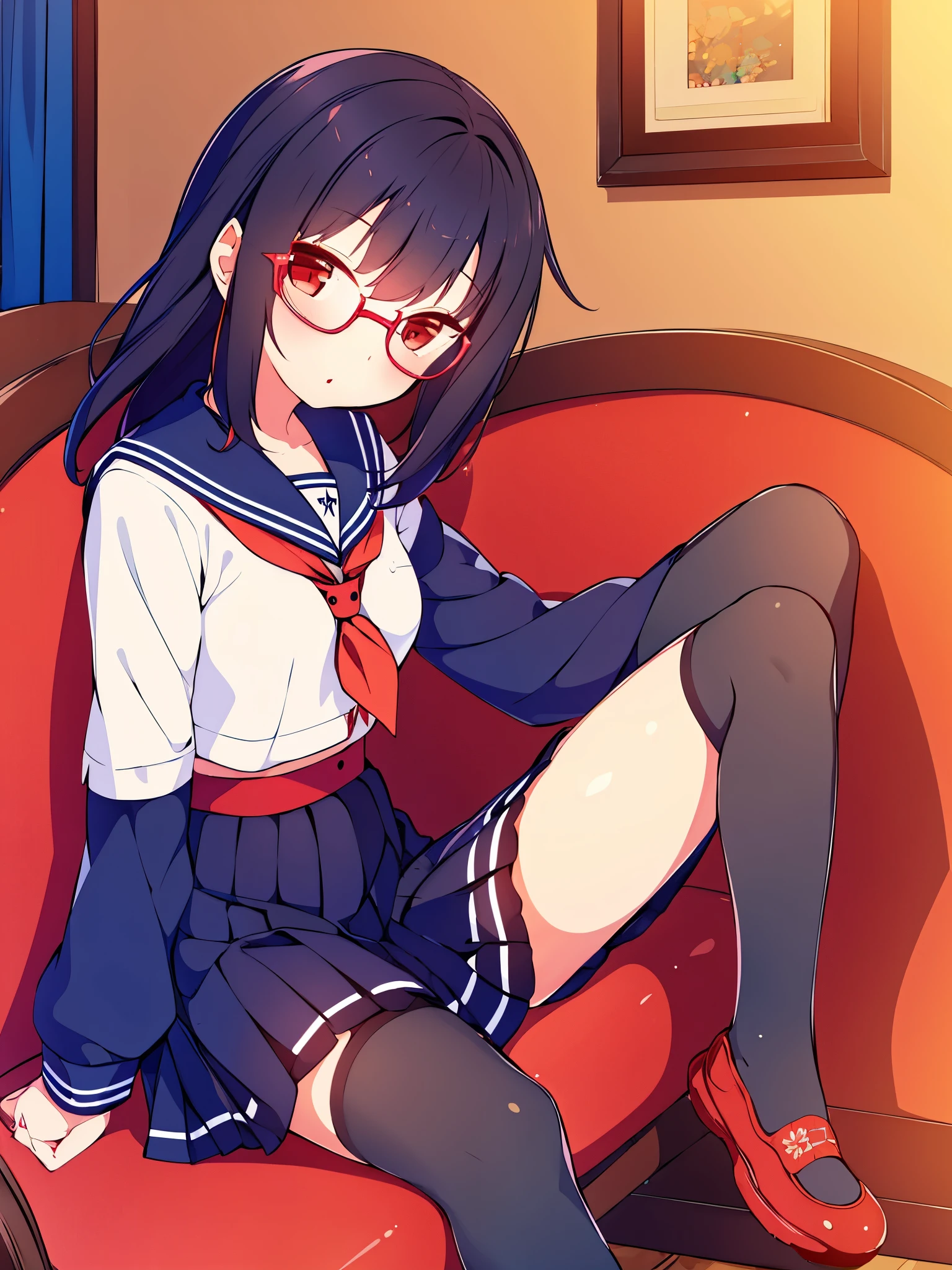 1 girl black hair red eyes in a navy sailor  with stockings with glasses with decorations in her red hair sitting in an armchair in a room with red tennis shoes with pink and black 