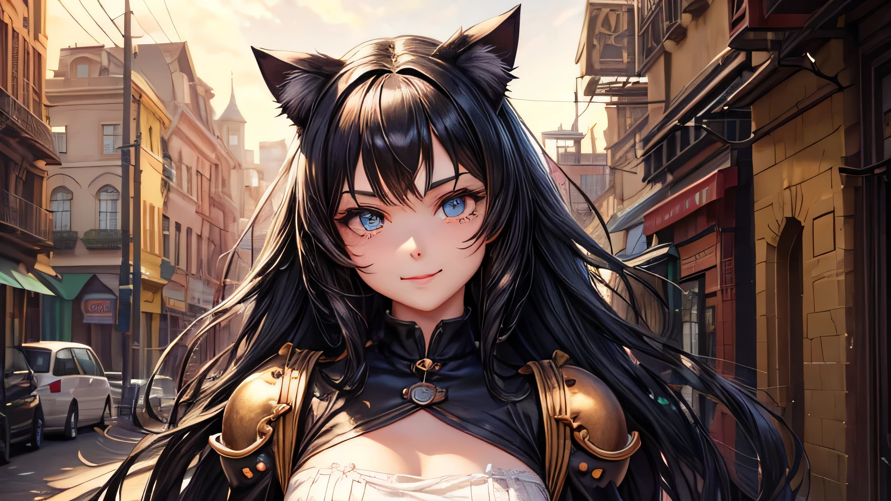 Cat ears girl　child　Steampunk attire　Black Hair　Long Hair　A big smile　Perfect and detailed facial expression　Perfect and detailed eye depiction　Perfect and detailed hair　Perfectly detailed upper body　Perfect and detailed clothing　Steampunk landscape