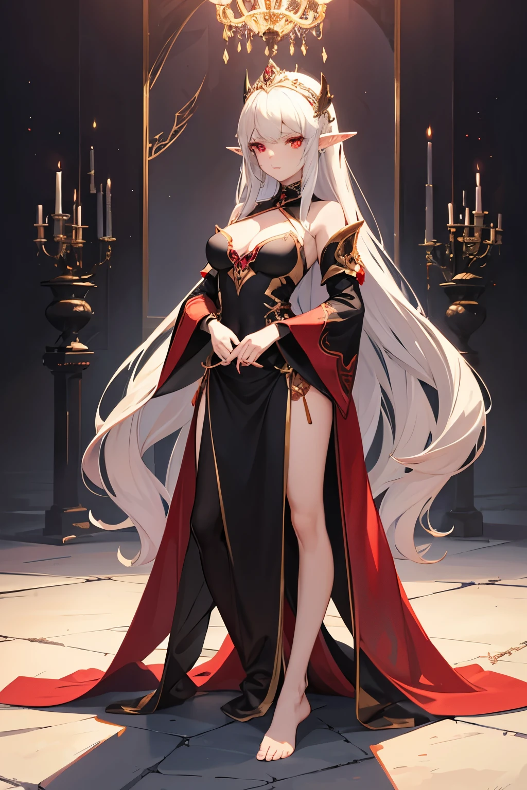 standing in full height, a beautiful drawn face, a young beautiful elf vampire, domineering princess long ash hair red eyes domineering facial expression black and red luxurious dress without shoes cutout on the chest size 2 breasts around blood essence ultra high definition