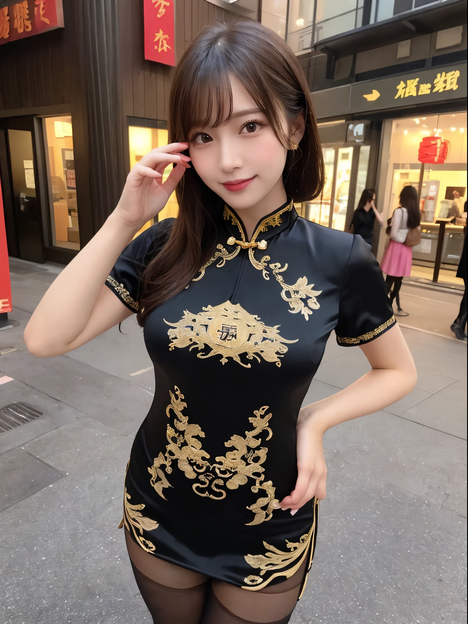 Tabletop、highest quality、artwork、Super fine、High resolution、8k wallpaper、Perfect dynamic composition、Detailed and beautiful eyes、(Beautiful big breasts:1.3)、Natural color lip、大胆なSexy pose、SMILE、Harajuku、20歳girl、cute、Sexy photos looking at the camera、(highest quality:1.3)、(masterpiece:1.3)、(Super detailed 1.3)、(girl:1.1)、(Hand and finger detail:1.2)、(super oily)Glossy skin detail:1.1)、Thick and shiny thigh-high boots、(A perfect and gorgeous black cheongsam:1.4)、Gold patterned Chinese dress、(Brown tights:1.3)、Chinatown、(Brunette:1.3)、short hair、Beaver、 (Beautiful big breasts:1.3)、Sister-in-law、(Standing posture:1.2)、Sexy pose