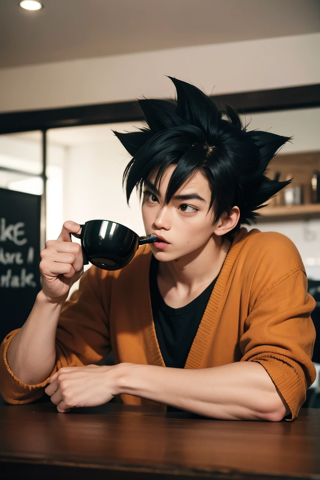 Goku drinking coffee